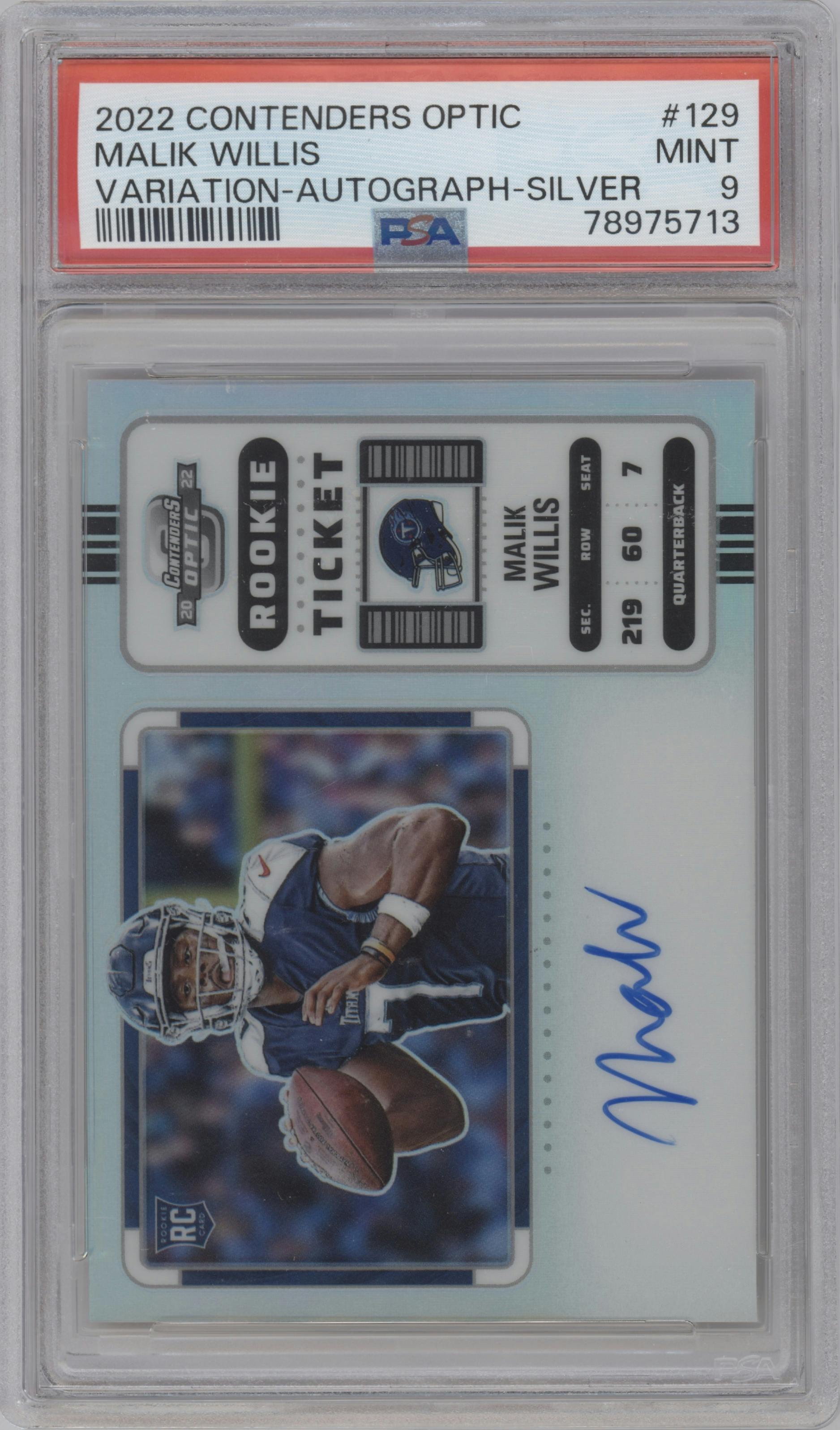 Malik Willis from the 2022 Panini Contenders Optic set featuring a Silver parallel graded by PSA and given an overall grade of 9.