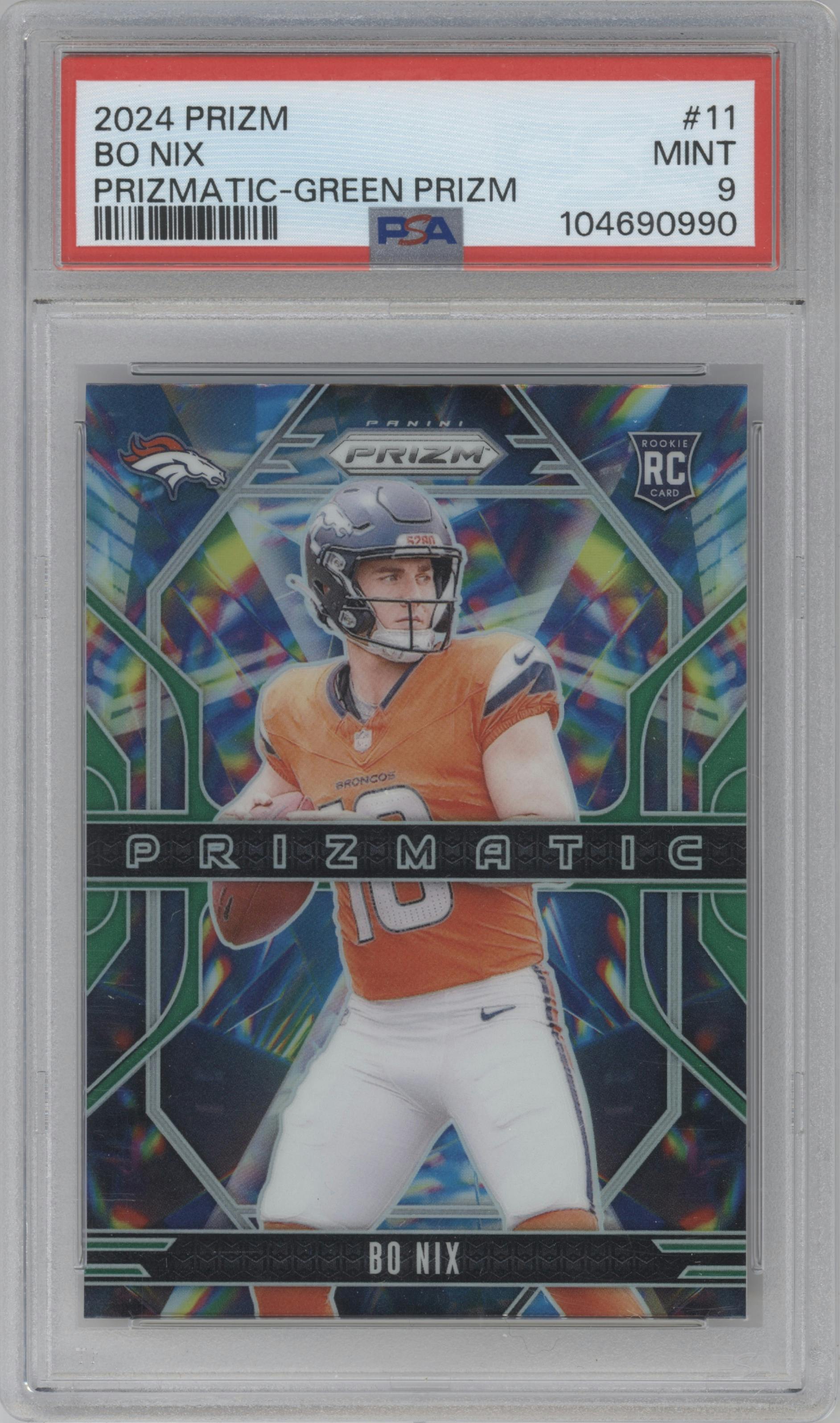Bo Nix from the 2024 Panini Prizm set featuring a Green Prizm parallel graded by PSA and given an overall grade of 9.