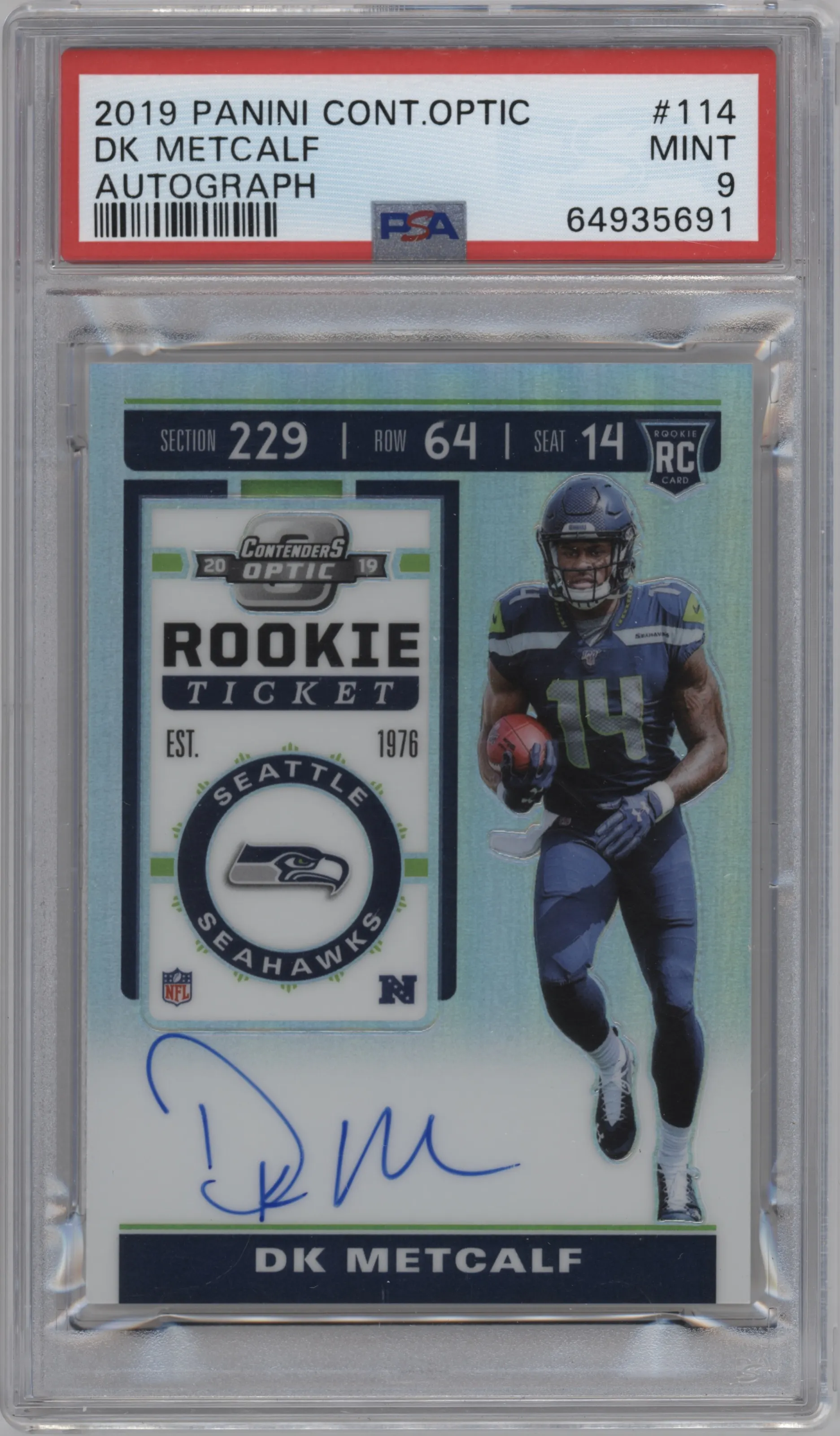 2019 Panini Contenders Optic Rke.Tkt RPS Auto DK Metcalf #114 PSA 9