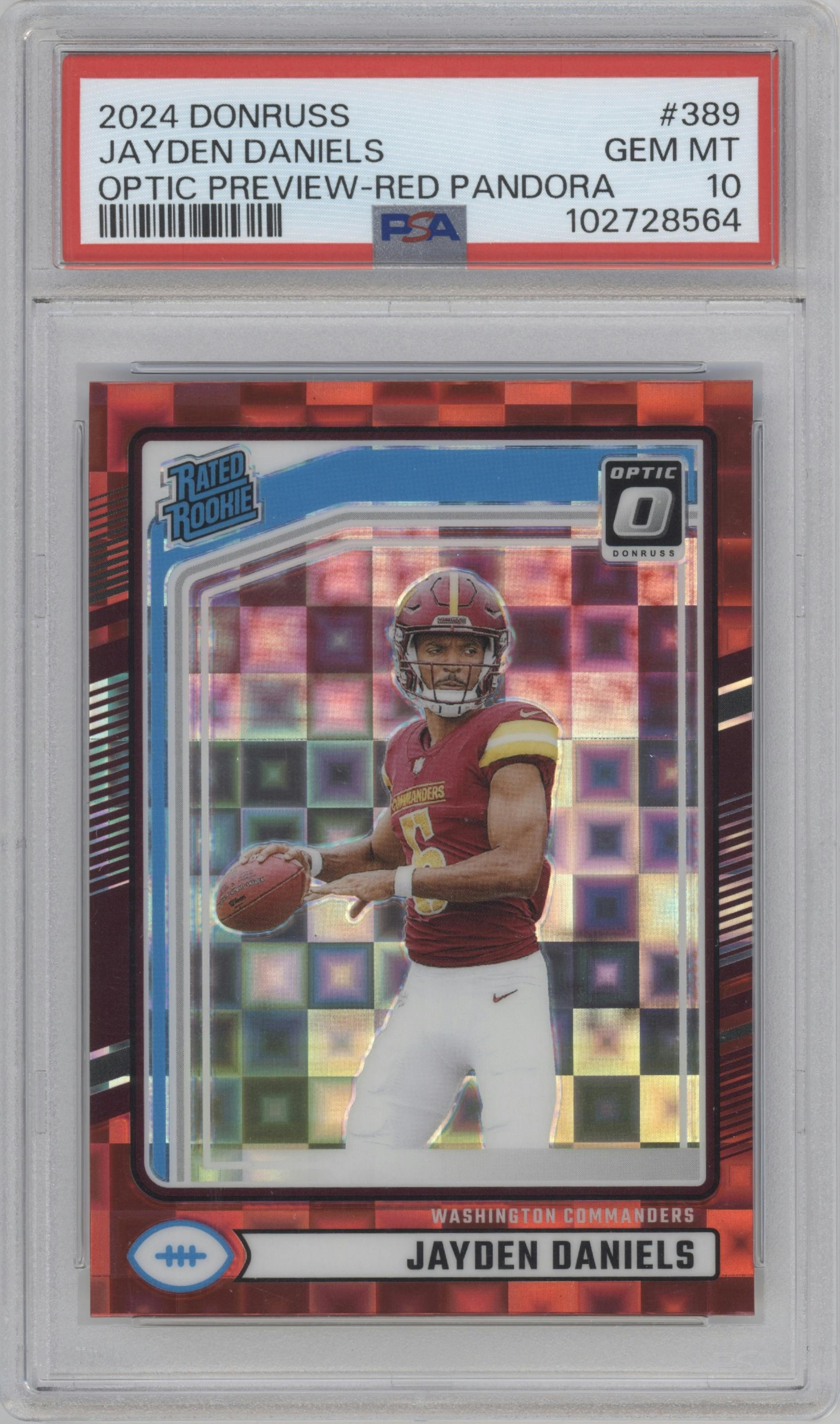 Jayden Daniels from the 2024 Donruss set featuring a Red Pandora parallel graded by PSA and given an overall grade of 10.