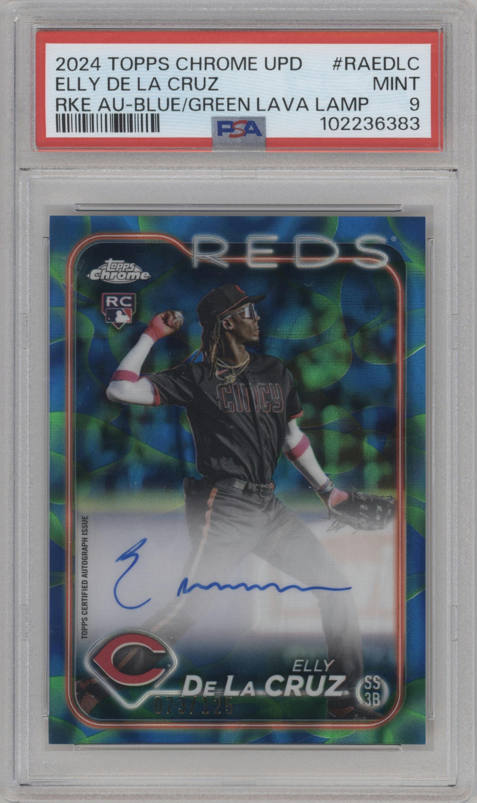 Elly De La Cruz from the 2024 Topps Chrome Update set featuring a Lava Lamp Blue / Green Refractors parallel graded by PSA and given an overall grade of 9.