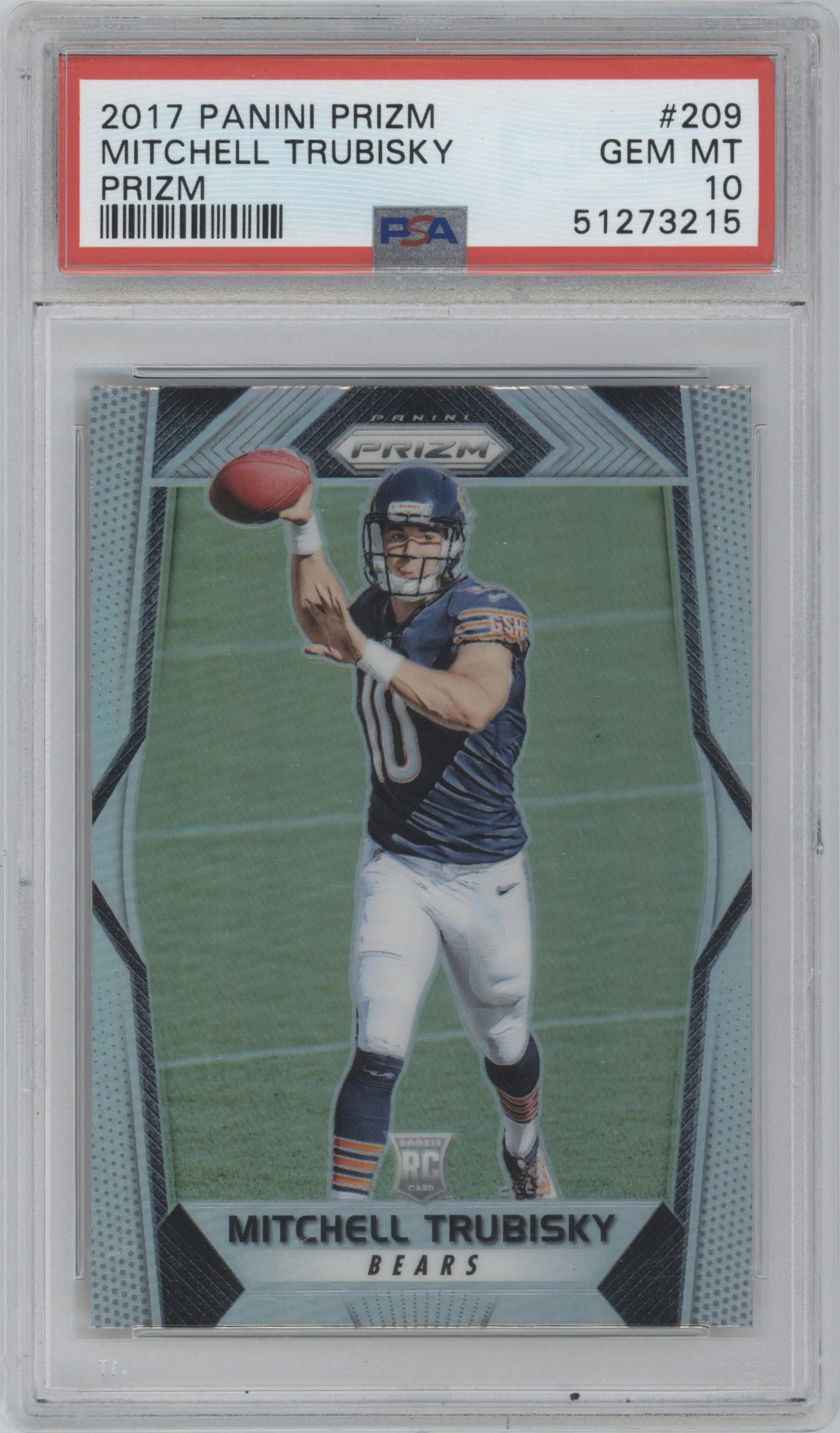 Mitchell Trubisky from the 2017 Panini Prizm set featuring a Prizm parallel graded by PSA and given an overall grade of 10.