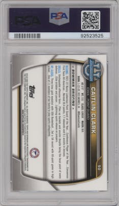 Caitlin Clark from the 2022-23 Bowman University Chrome set featuring a Pink Refractor parallel graded by PSA and given an overall grade of 10.