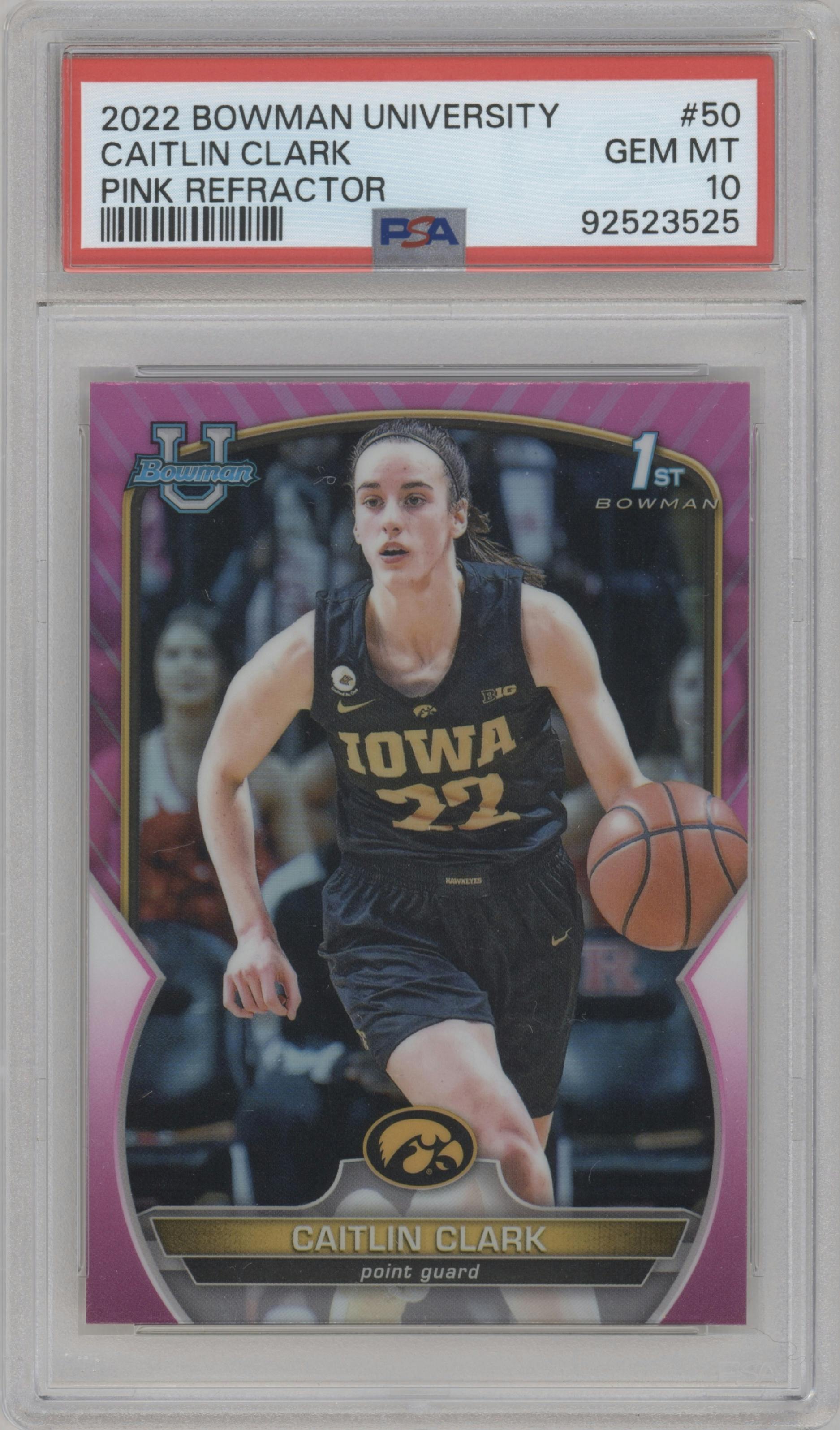 Caitlin Clark from the 2022-23 Bowman University Chrome set featuring a Pink Refractor parallel graded by PSA and given an overall grade of 10.