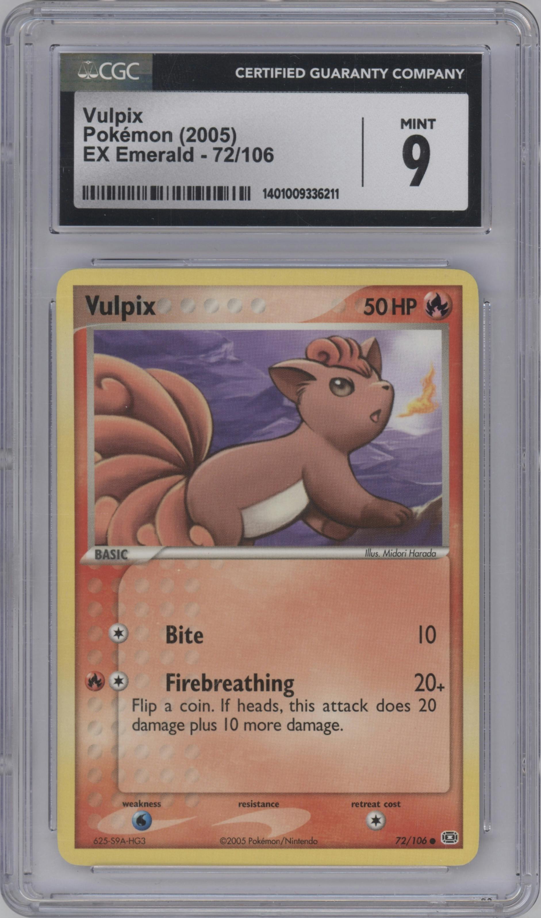 Vulpix from the 2005 Pokemon EX set graded by CSG and given an overall grade of 9.