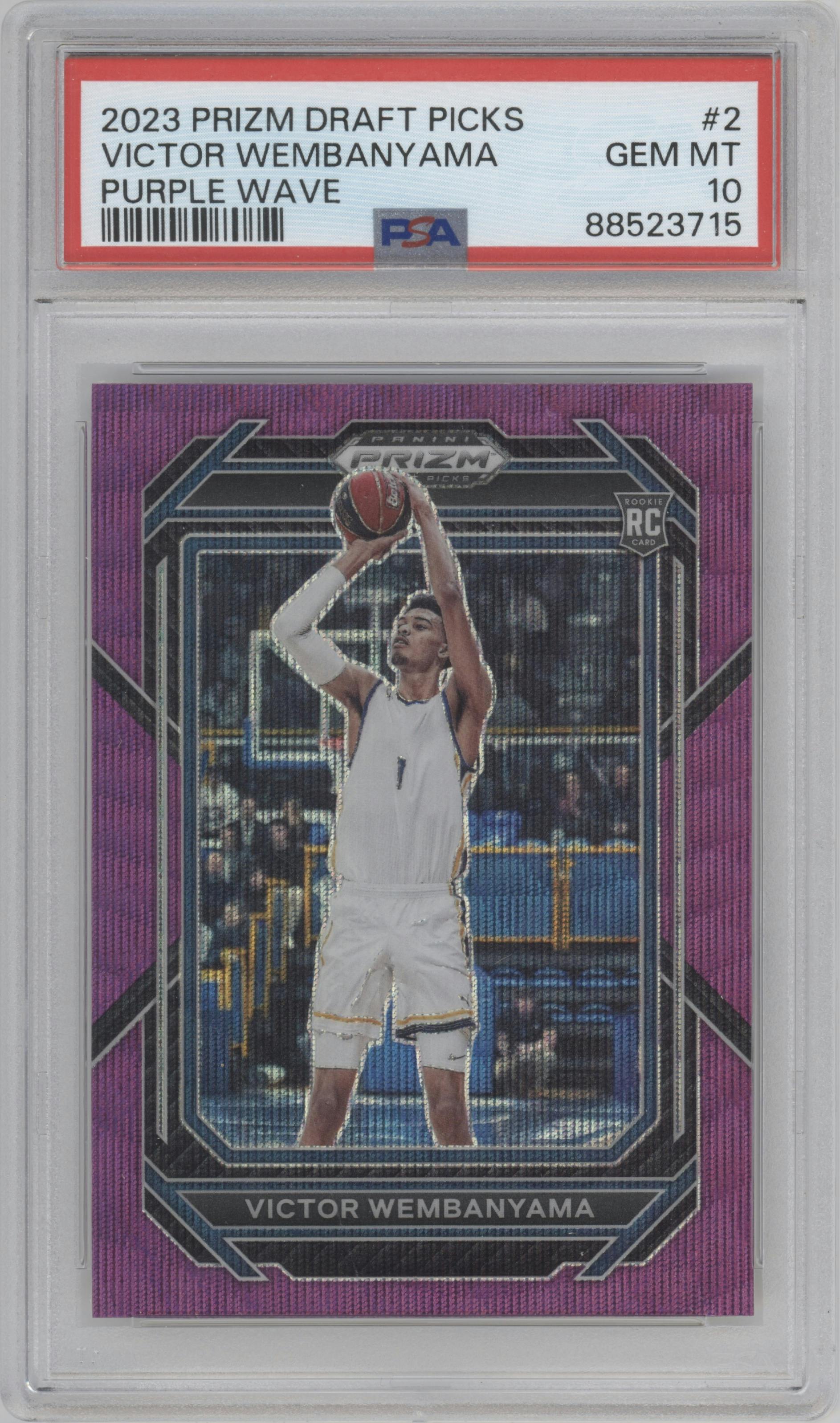 Victor Wembanyama from the 2023-24 Panini Prizm Draft Picks set featuring a Purple Wave parallel graded by PSA and given an overall grade of 10.