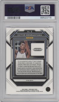 Victor Wembanyama from the 2023-24 Panini Prizm Draft Picks set featuring a Purple Wave parallel graded by PSA and given an overall grade of 10.