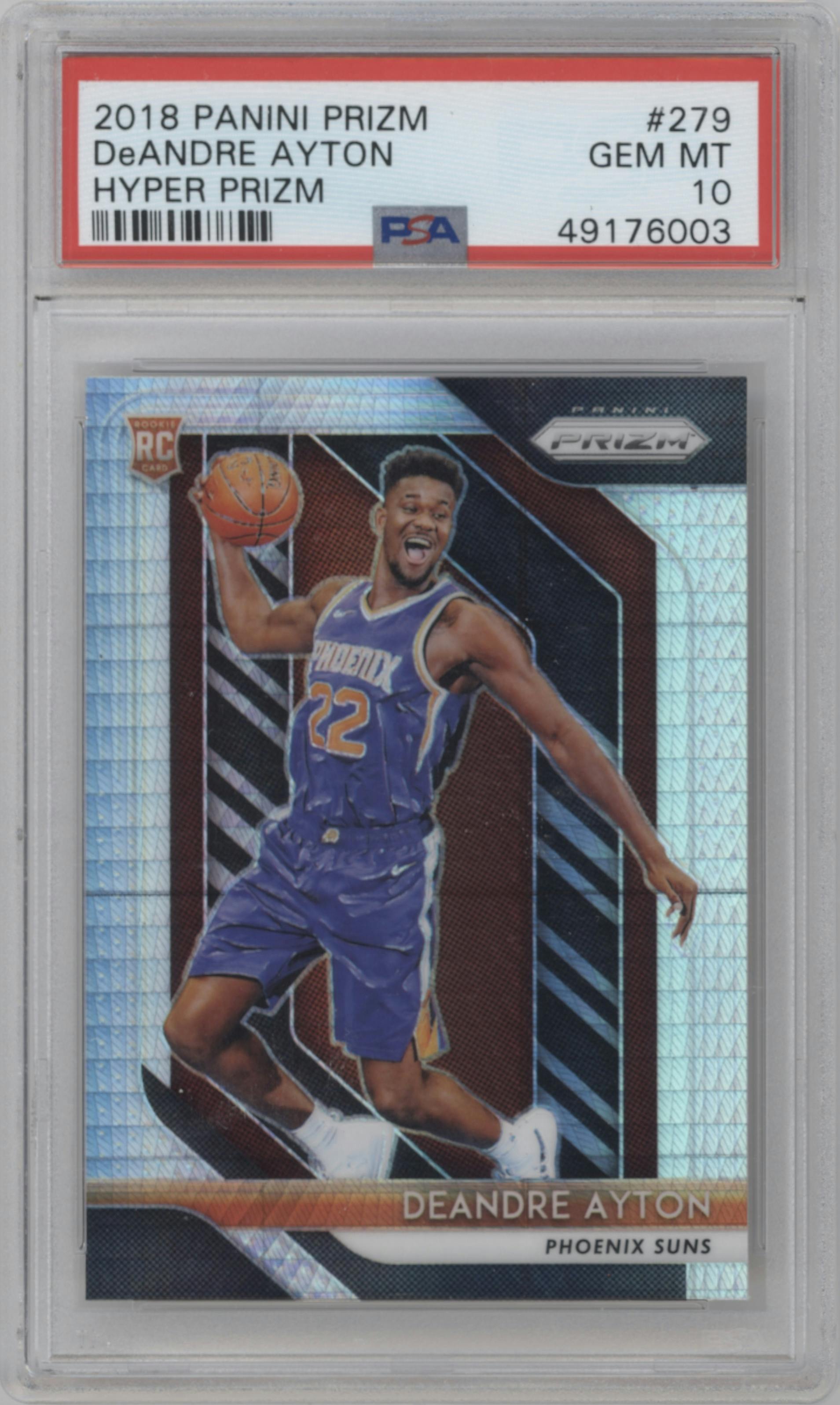Deandre Ayton from the 2018-19 Panini Prizm set featuring a Hyper parallel graded by PSA and given an overall grade of 10.