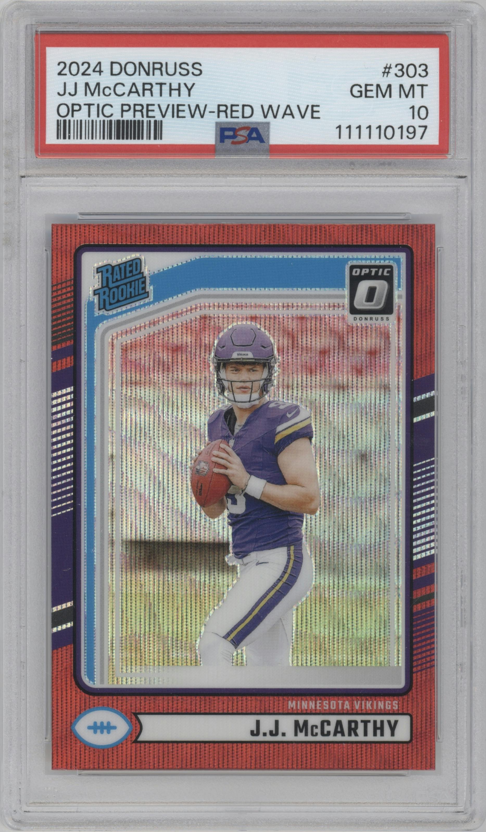 J.J. McCarthy from the 2024 Donruss set featuring a Red Wave parallel graded by PSA and given an overall grade of 10.