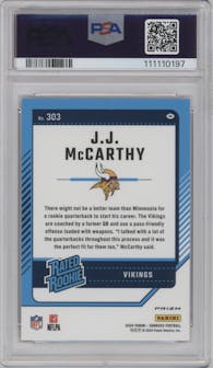 J.J. McCarthy from the 2024 Donruss set featuring a Red Wave parallel graded by PSA and given an overall grade of 10.