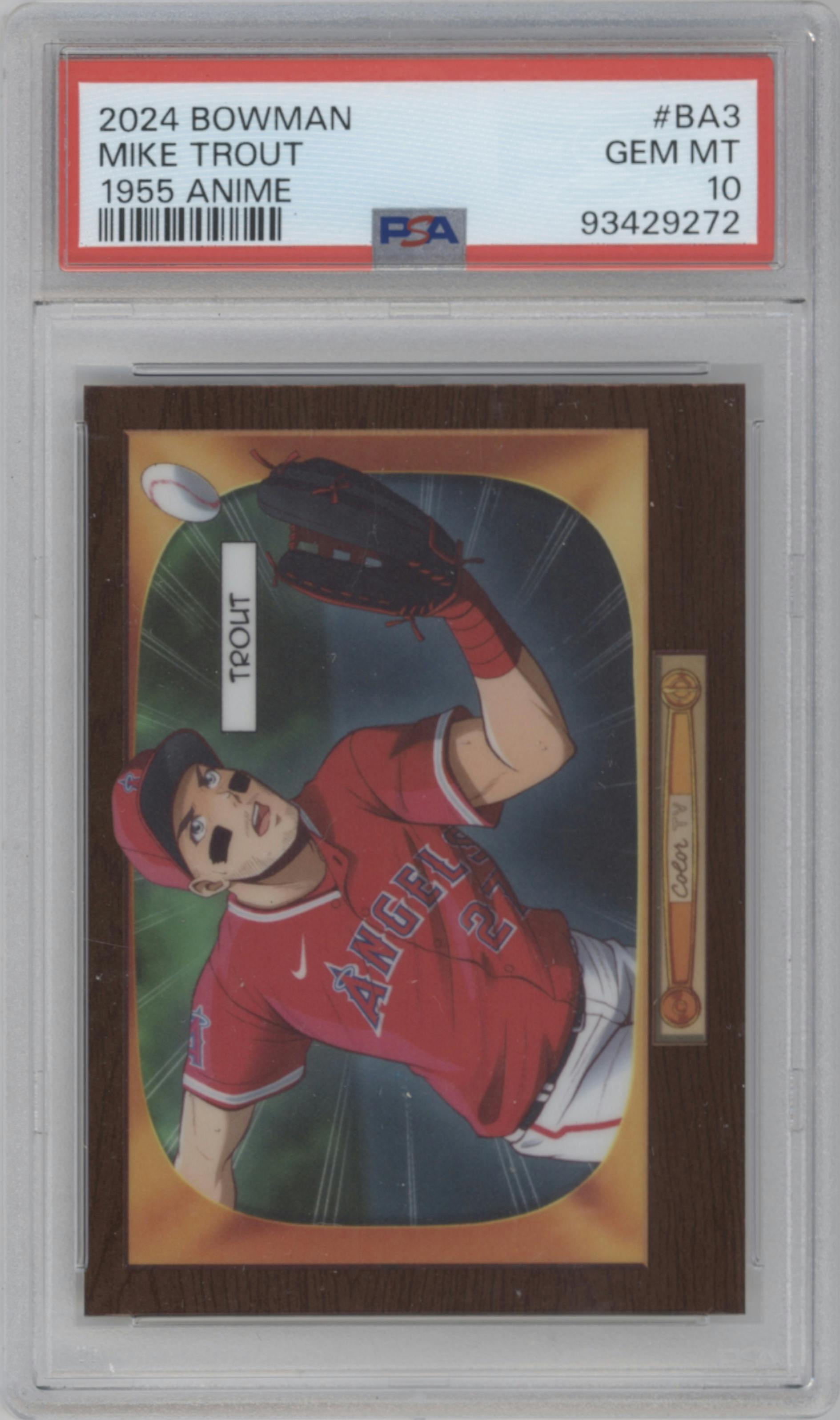 Mike Trout from the 2024 Bowman set graded by PSA and given an overall grade of 10.