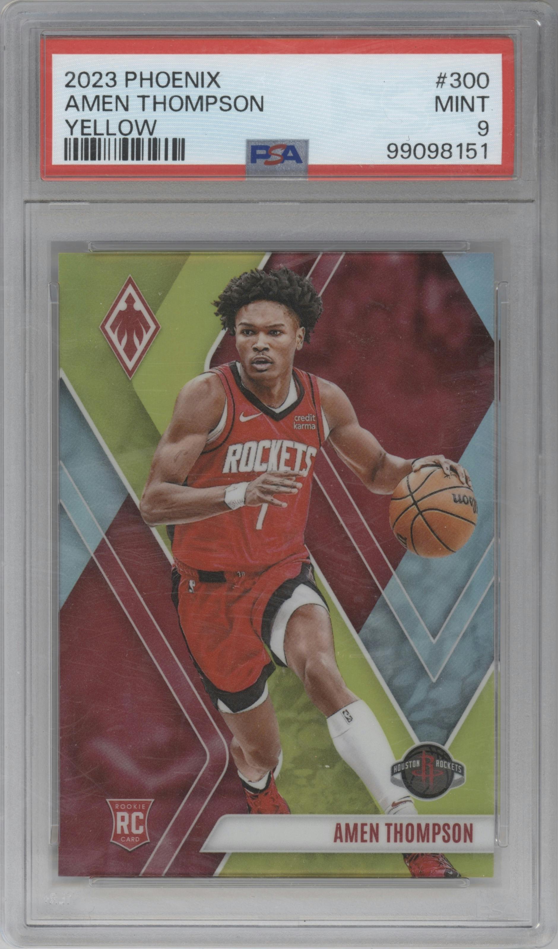 Amen Thompson from the 2023-24 Panini Phoenix set featuring a Yellow parallel graded by PSA and given an overall grade of 9.