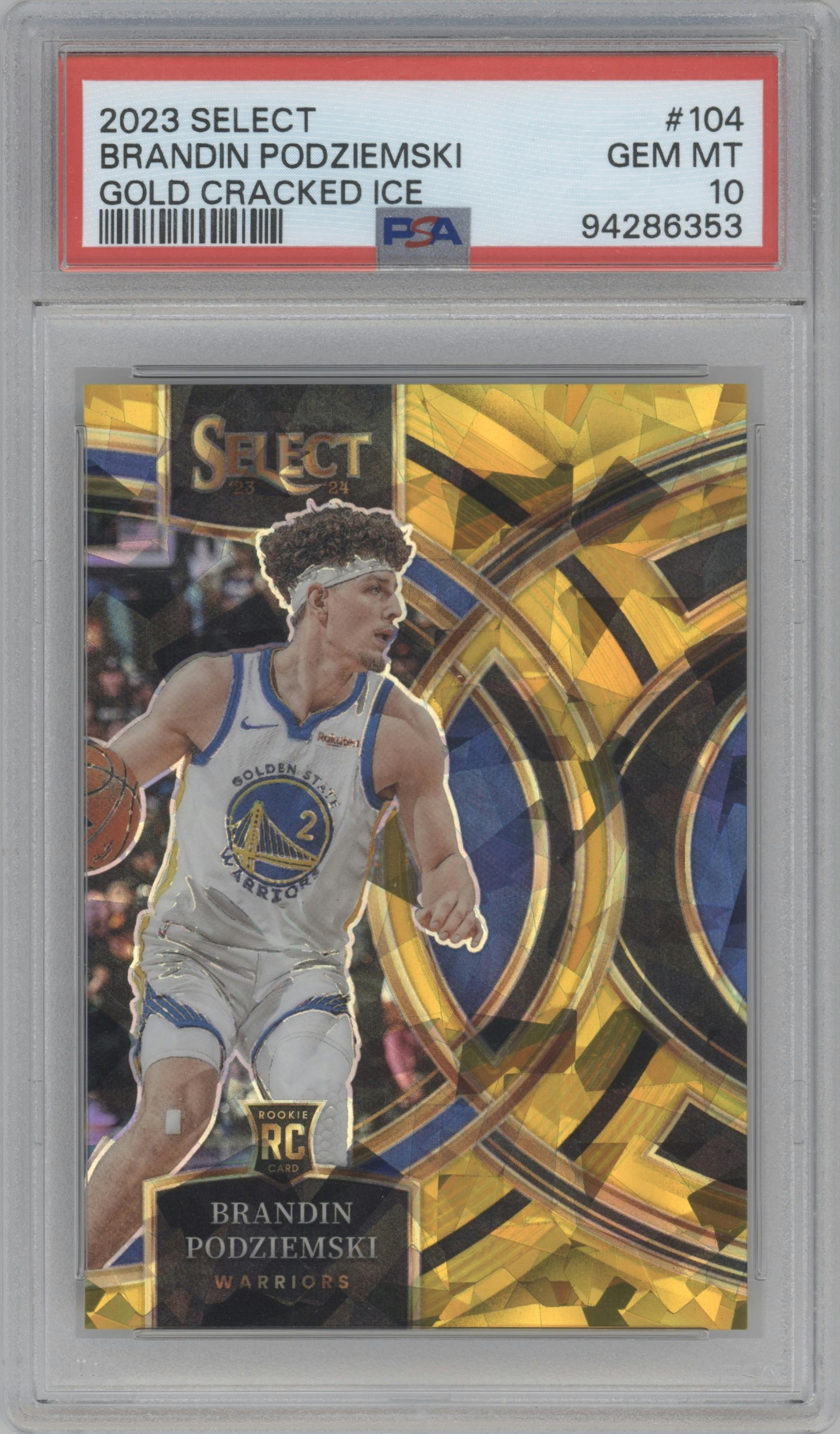 Brandin Podziemski from the 2023-24 Panini Select  set featuring a Gold Cracked Ice parallel graded by PSA and given an overall grade of 10.