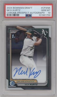 Nick Kurtz from the 2024 Bowman Draft set graded by PSA and given an overall grade of 10.