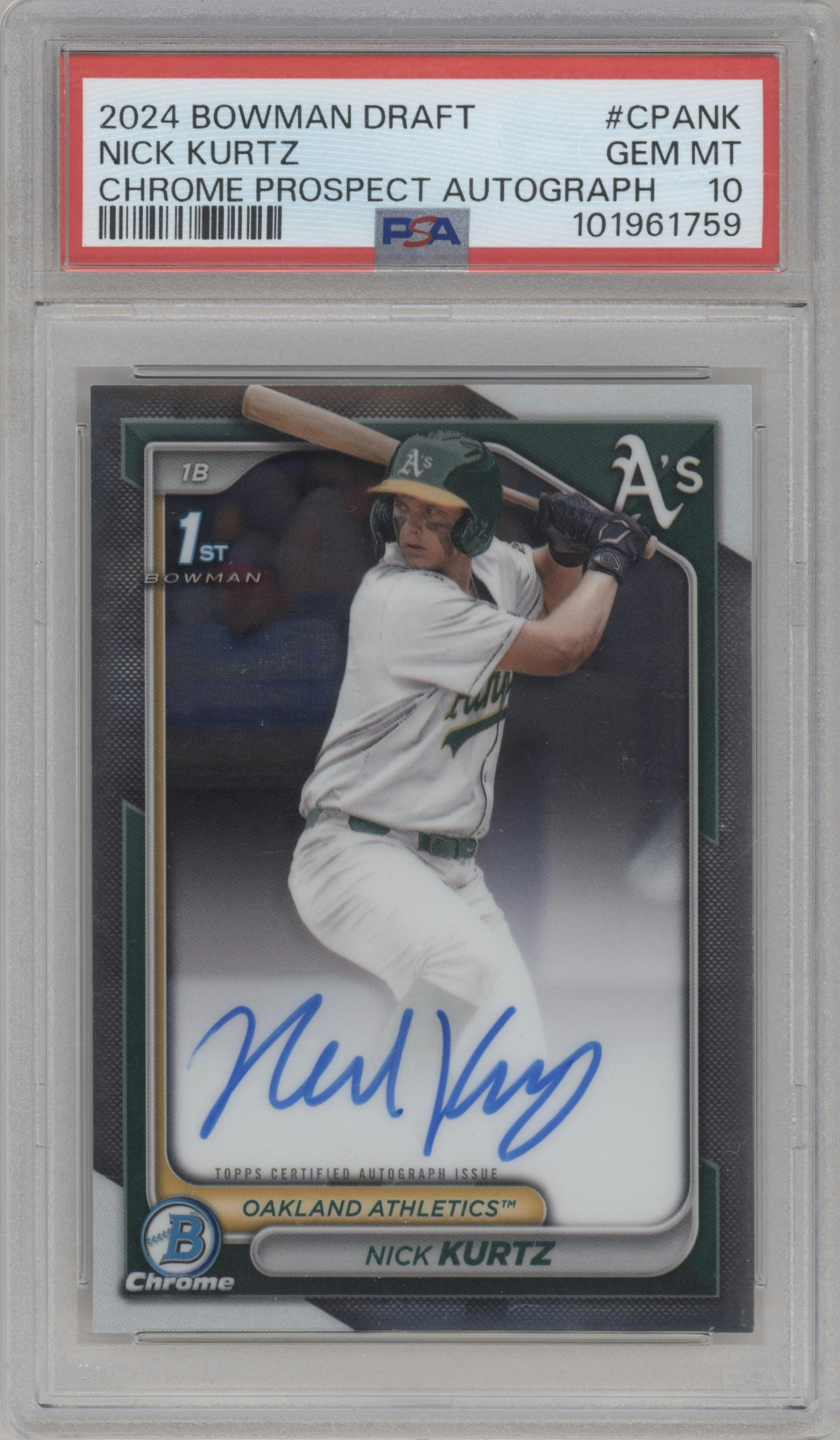 Nick Kurtz from the 2024 Bowman Draft set graded by PSA and given an overall grade of 10.