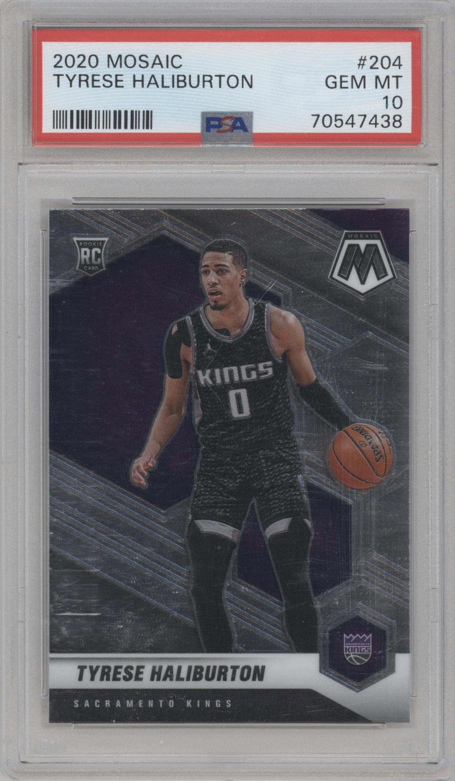 Tyrese Haliburton from the 2020-21 Panini Mosaic set graded by PSA and given an overall grade of 10.