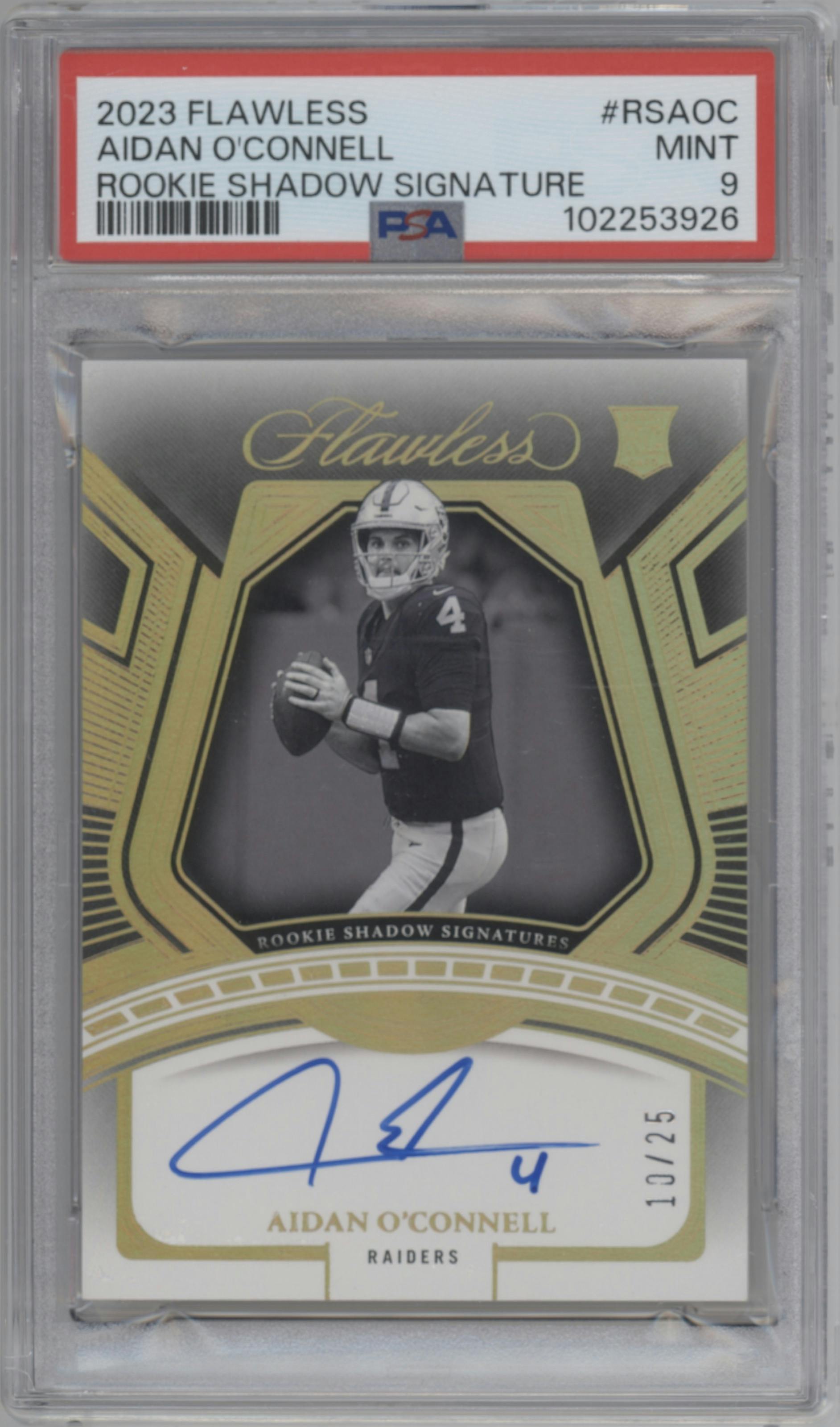 Aidan O’Connell from the 2023 Panini Flawless set graded by PSA and given an overall grade of 9.