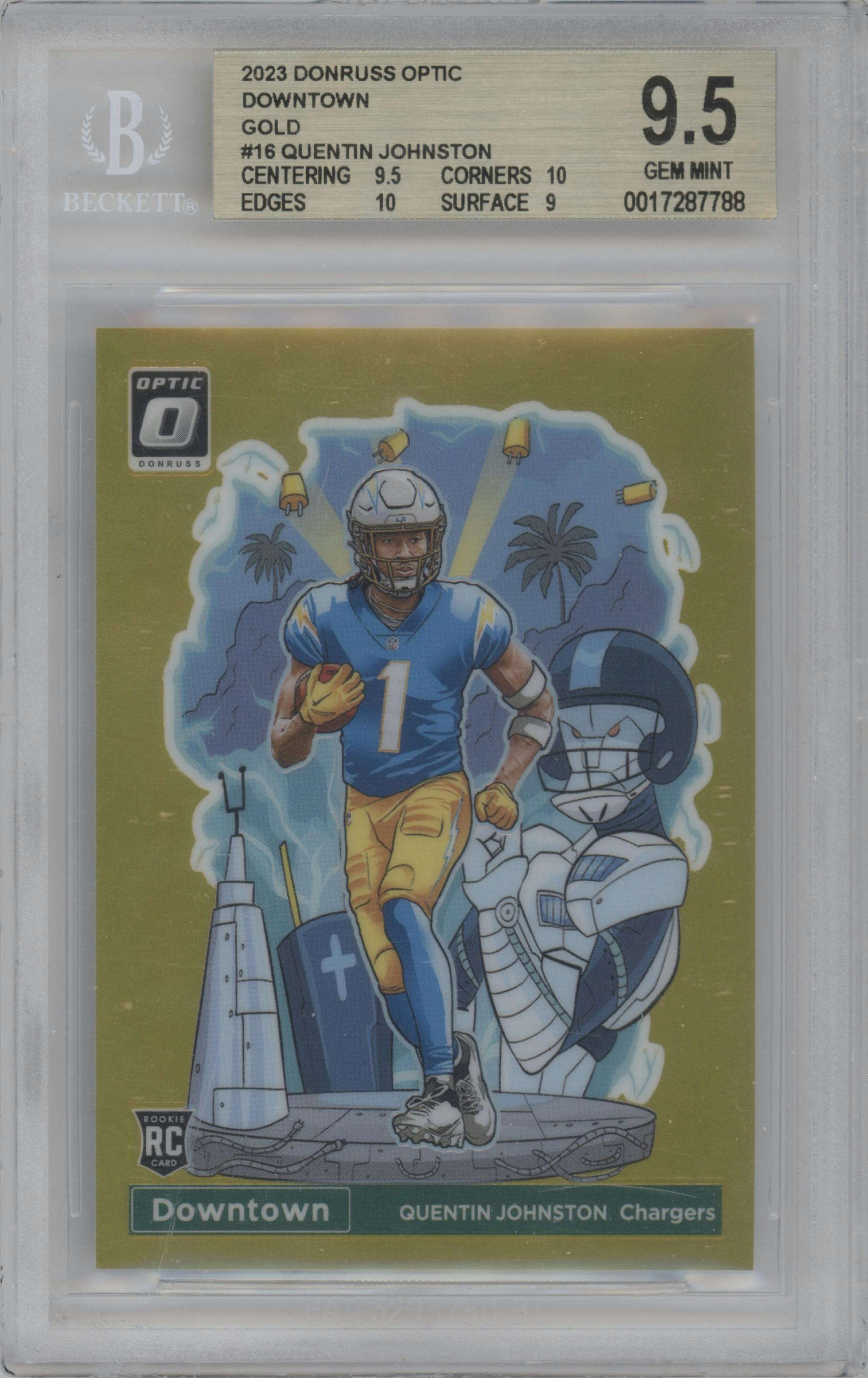 Quentin Johnston from the 2023 Donruss Optic set featuring a Gold parallel graded by Beckett and given an overall grade of 9.5.