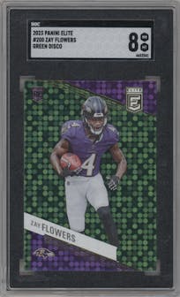 Zay Flowers from the 2023 Donruss Elite set featuring a Green Disco parallel graded by SGC and given an overall grade of 8.