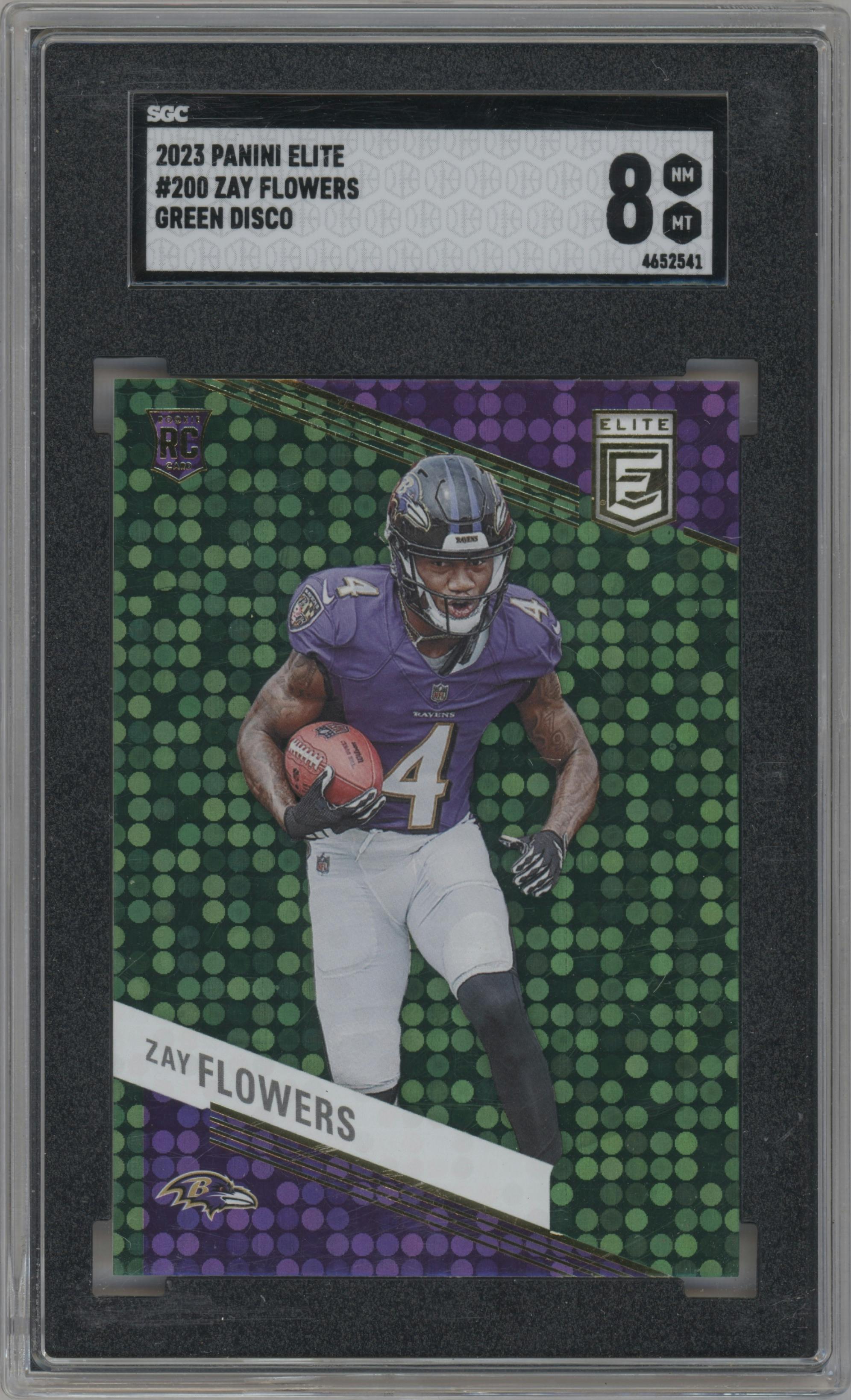 Zay Flowers from the 2023 Donruss Elite set featuring a Green Disco parallel graded by SGC and given an overall grade of 8.