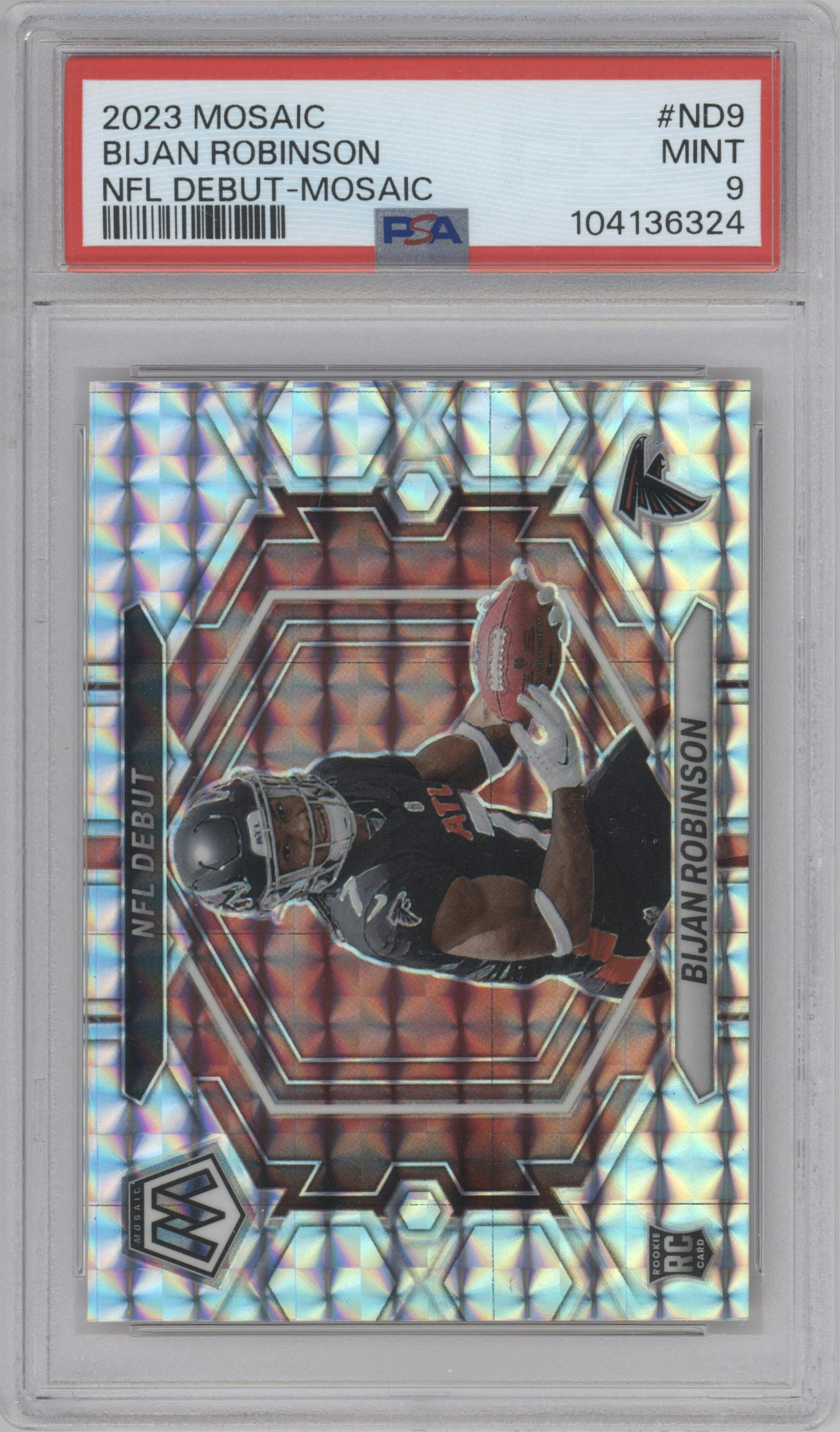 Bijan Robinson from the 2023 Panini Mosaic set featuring a Mosaic parallel graded by PSA and given an overall grade of 9.