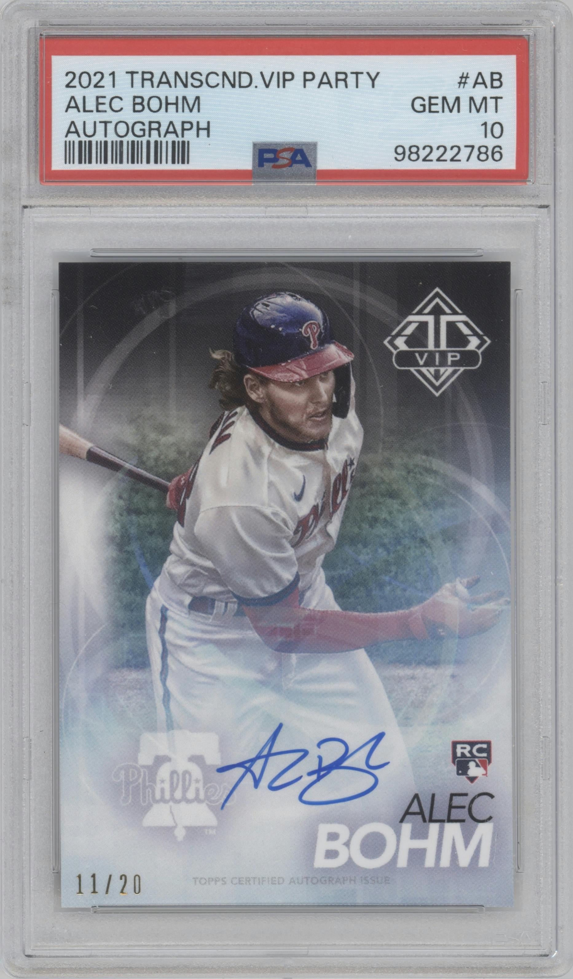 Alec Bohm from the 2021 Topps Transcendent Collection VIP Party set graded by PSA and given an overall grade of 10.