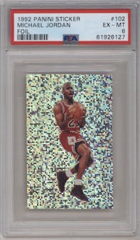 Michael Jordan from the 1992-93 Panini Stickers set featuring a Foil parallel graded by PSA and given an overall grade of 6.