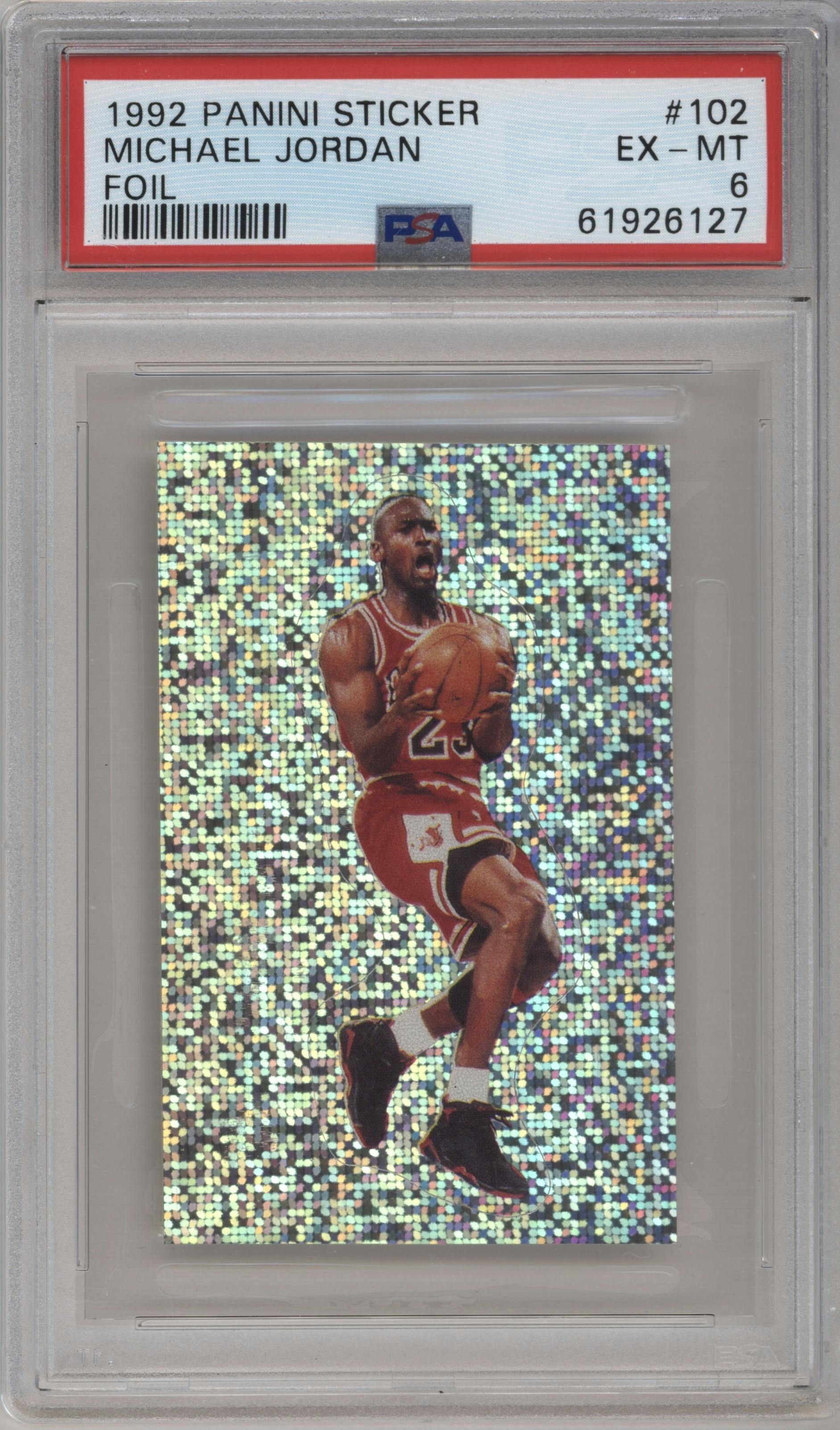 Michael Jordan from the 1992-93 Panini Stickers set featuring a Foil parallel graded by PSA and given an overall grade of 6.