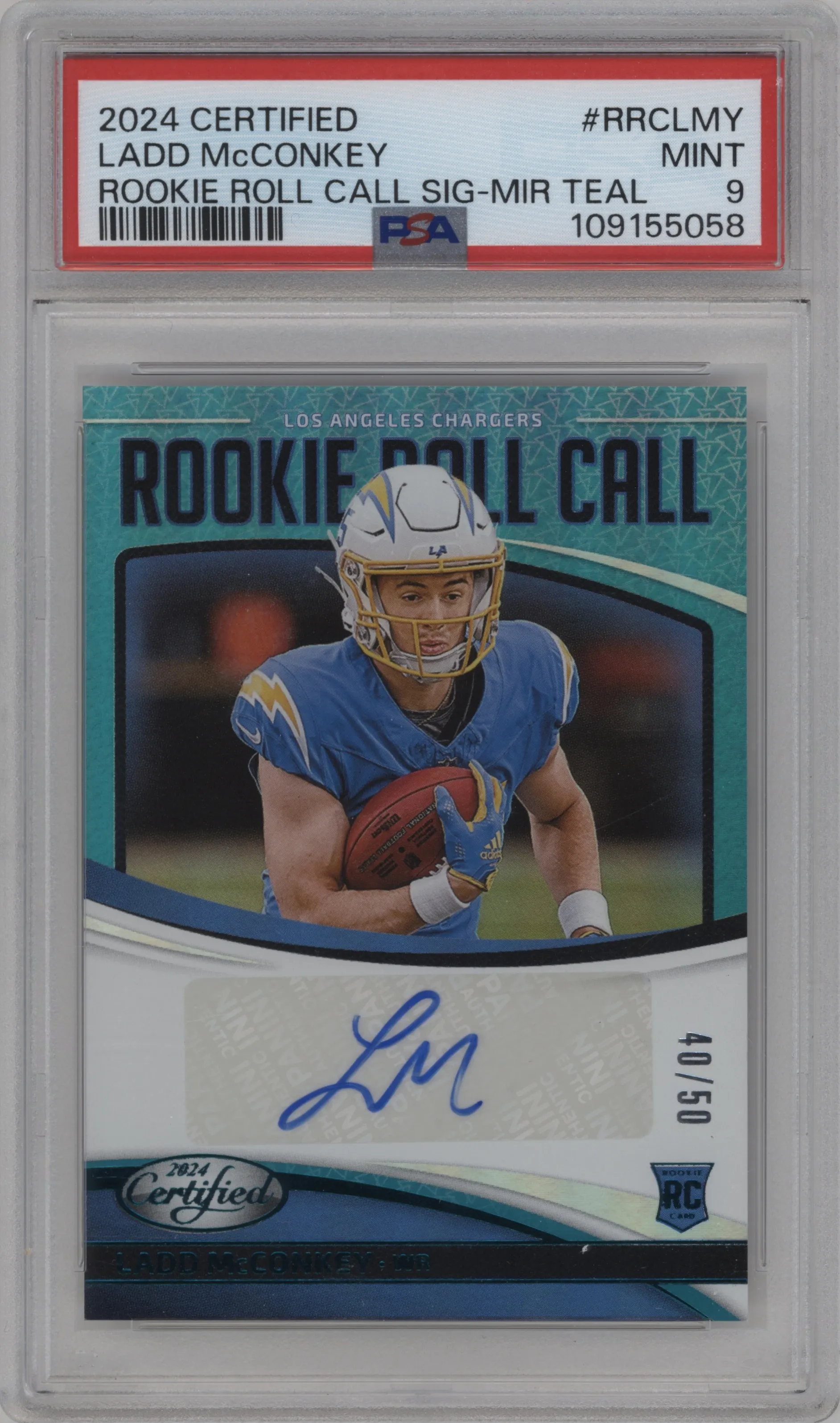 2024 Panini Certified Rke.Roll Call Sig. Ladd McConkey Teal Mirror PSA 9