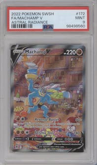 Machamp V from the 2022 Pokemon SWSH set graded by PSA and given an overall grade of 9.