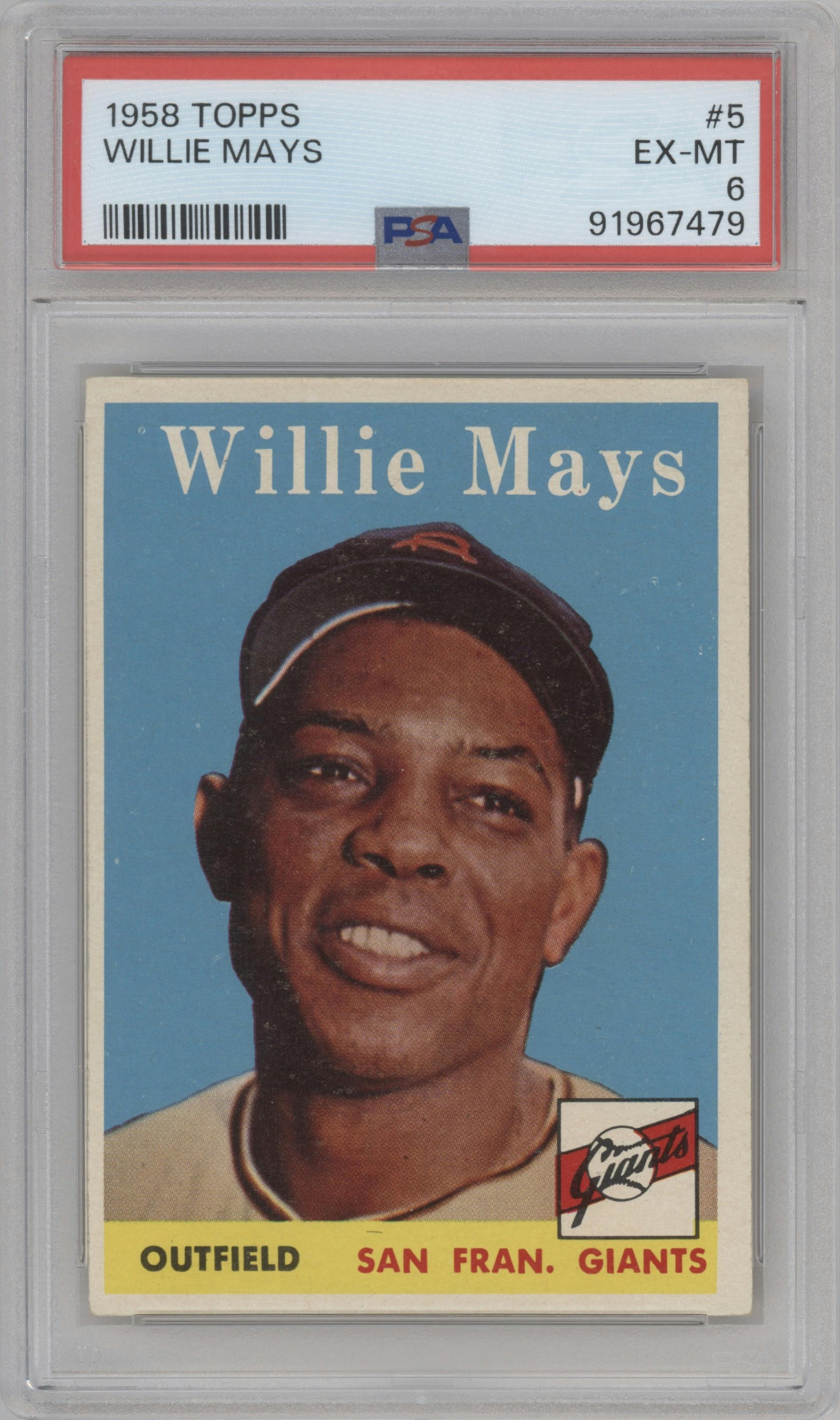 Willie Mays from the 1958 Topps set graded by PSA and given an overall grade of 6.
