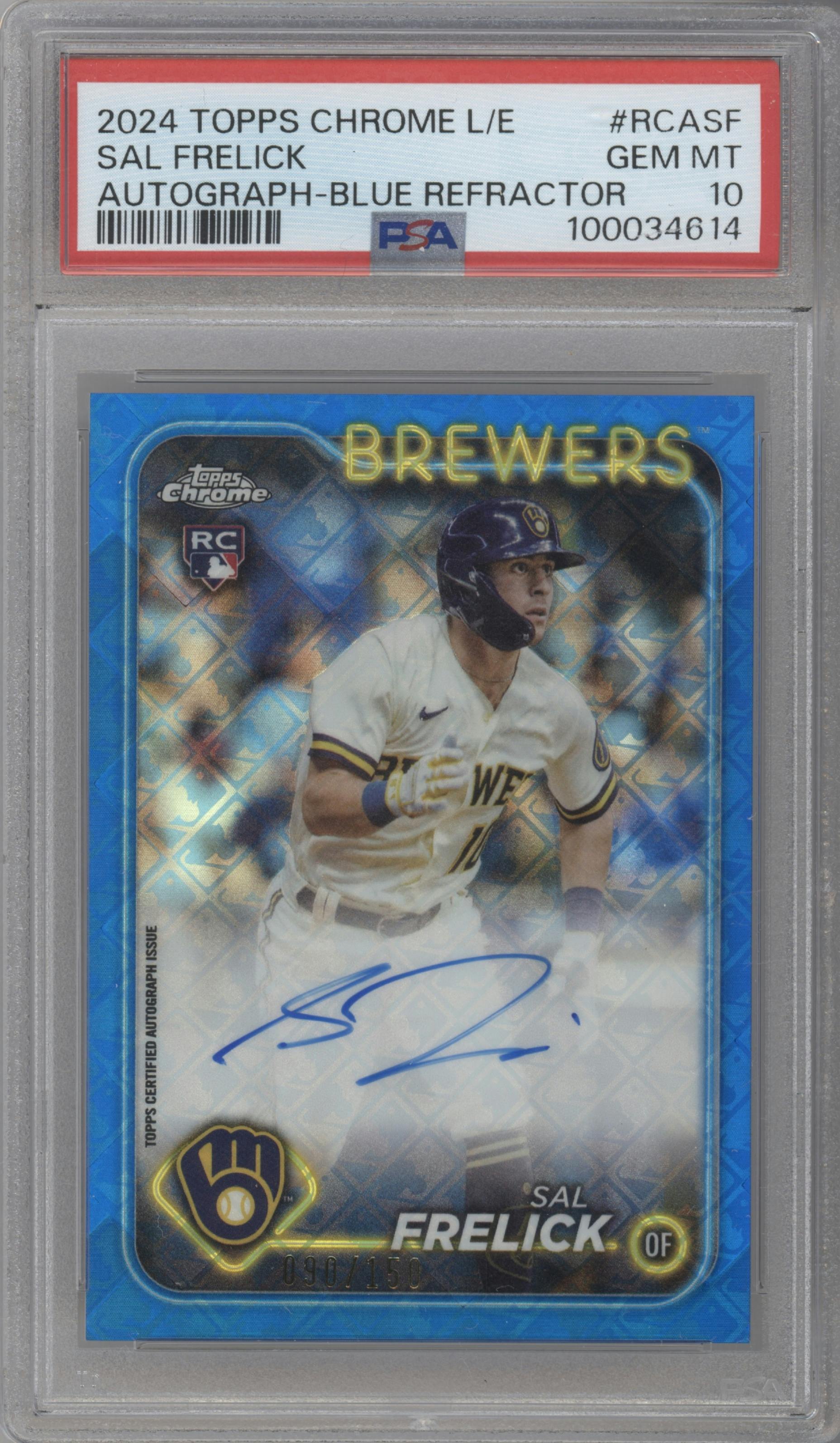 Sal Frelick from the 2024 Topps Chrome Logofractor set featuring a Blue Refractor parallel graded by PSA and given an overall grade of 10.