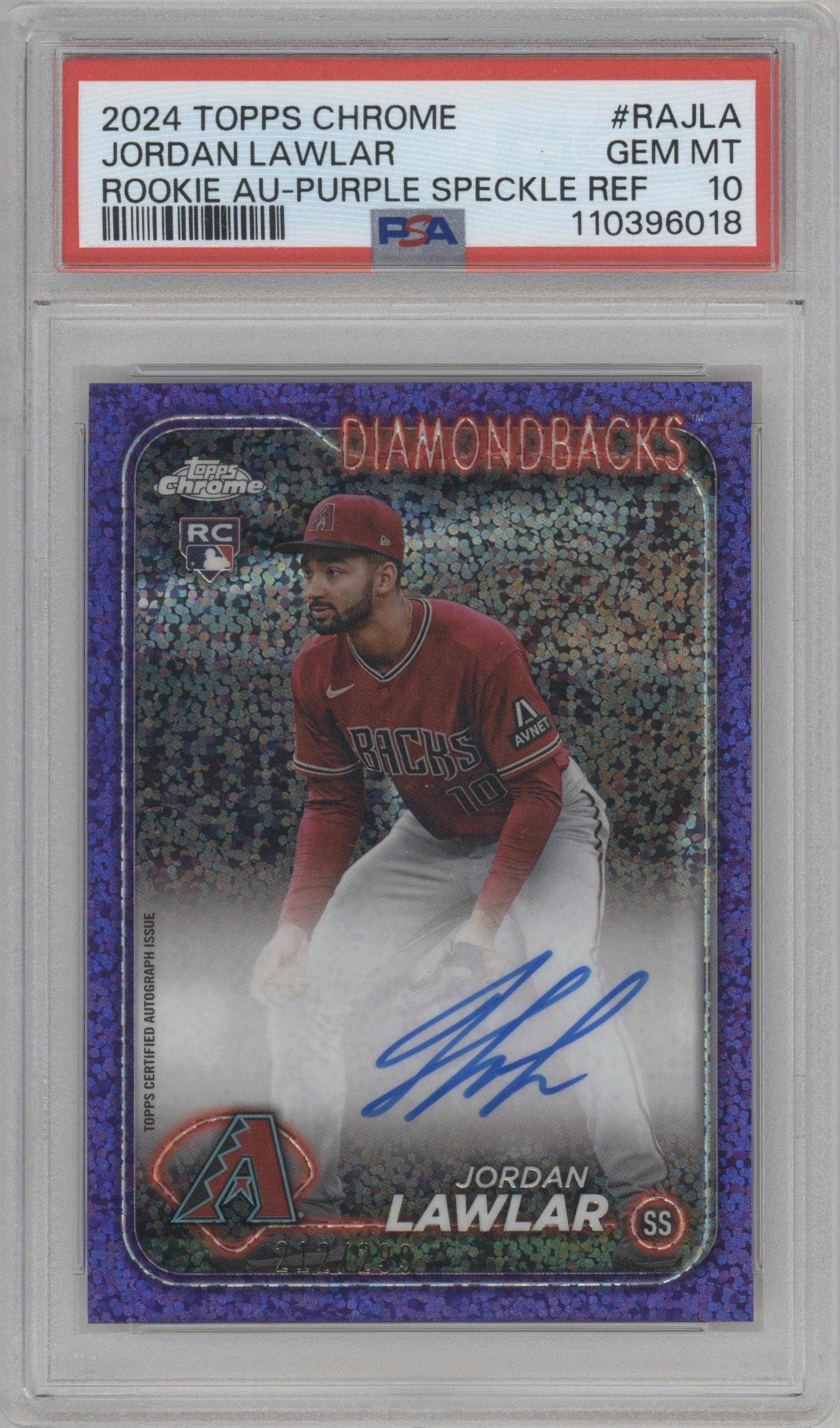 Jordan Lawlar from the 2024 Topps Chrome set featuring a Purple Speckle Refractor parallel graded by PSA and given an overall grade of 10.
