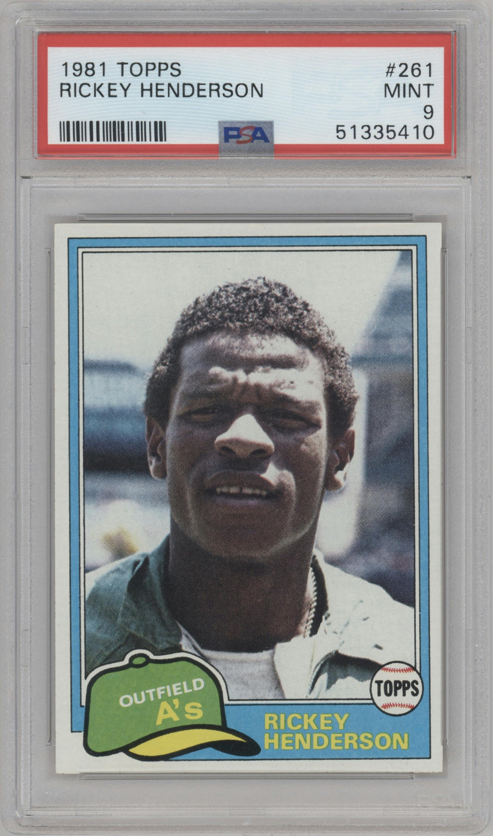 Rickey Henderson from the 1981 Topps set graded by PSA and given an overall grade of 9.