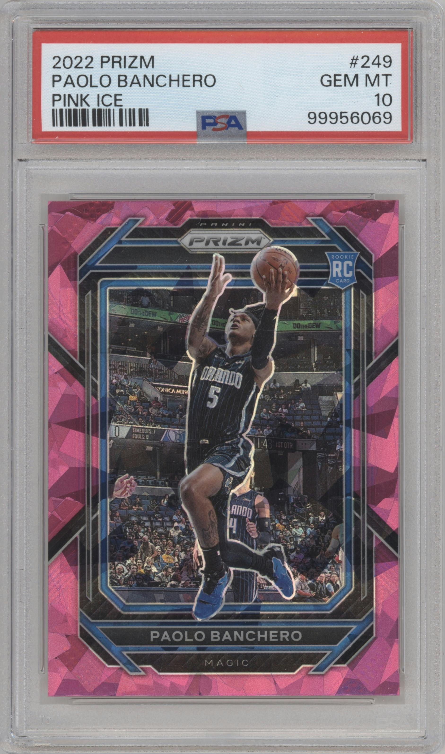 Paolo Banchero from the 2022-23 Panini Prizm  set featuring a Pink Ice parallel graded by PSA and given an overall grade of 10.