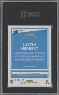 Justin Herbert from the 2020 Panini Donruss Optic set featuring a Blue parallel graded by SGC and given an overall grade of 9.5.