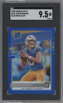Justin Herbert from the 2020 Panini Donruss Optic set featuring a Blue parallel graded by SGC and given an overall grade of 9.5.