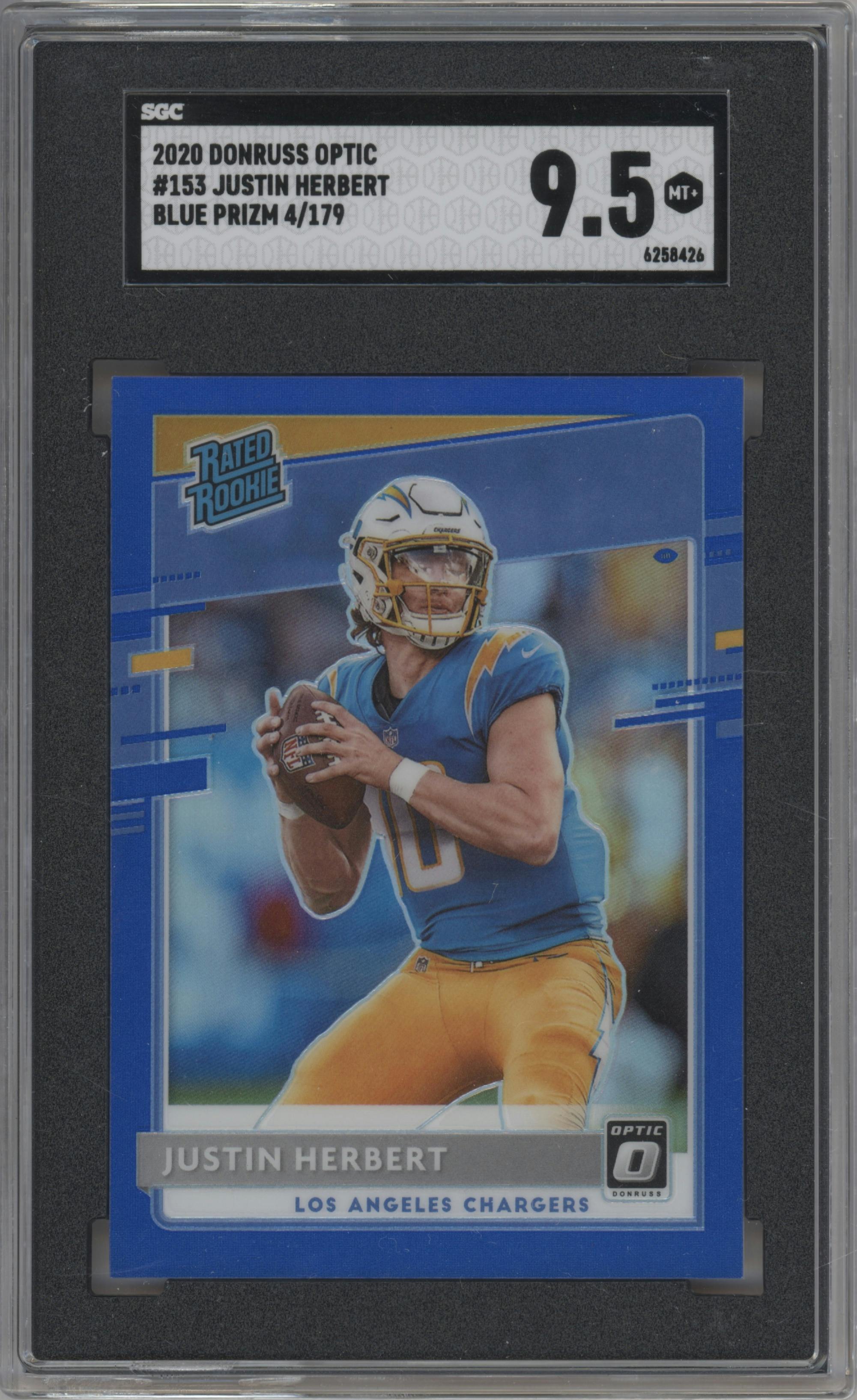 Justin Herbert from the 2020 Panini Donruss Optic set featuring a Blue parallel graded by SGC and given an overall grade of 9.5.