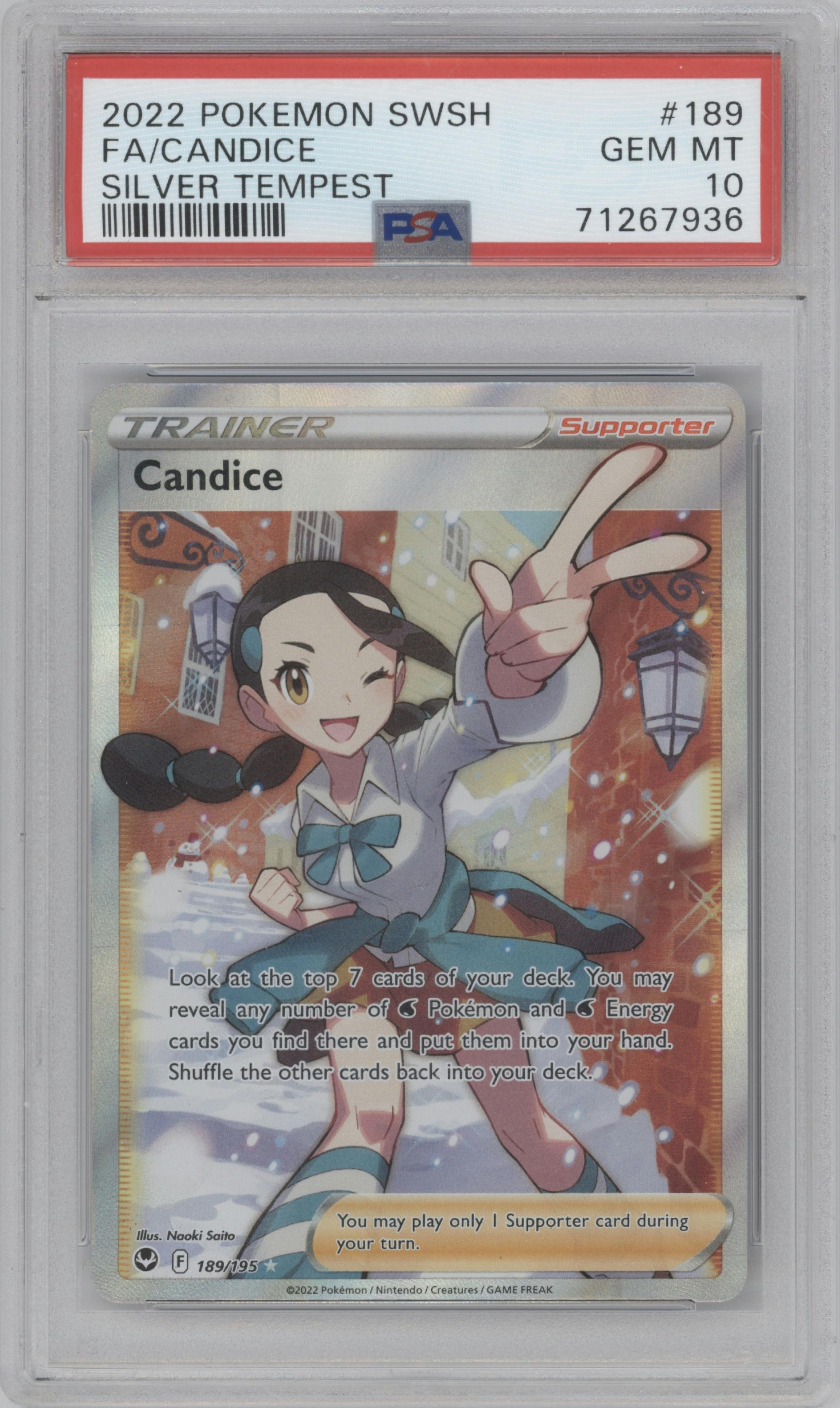 Candice from the 2022 Pokemon SWSH set graded by PSA and given an overall grade of 10.