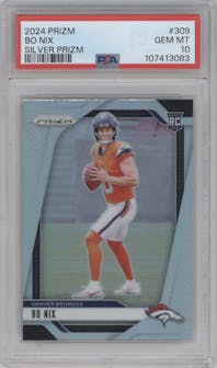 Bo Nix from the 2024 Panini Prizm set featuring a Silver Prizm parallel graded by PSA and given an overall grade of 10.