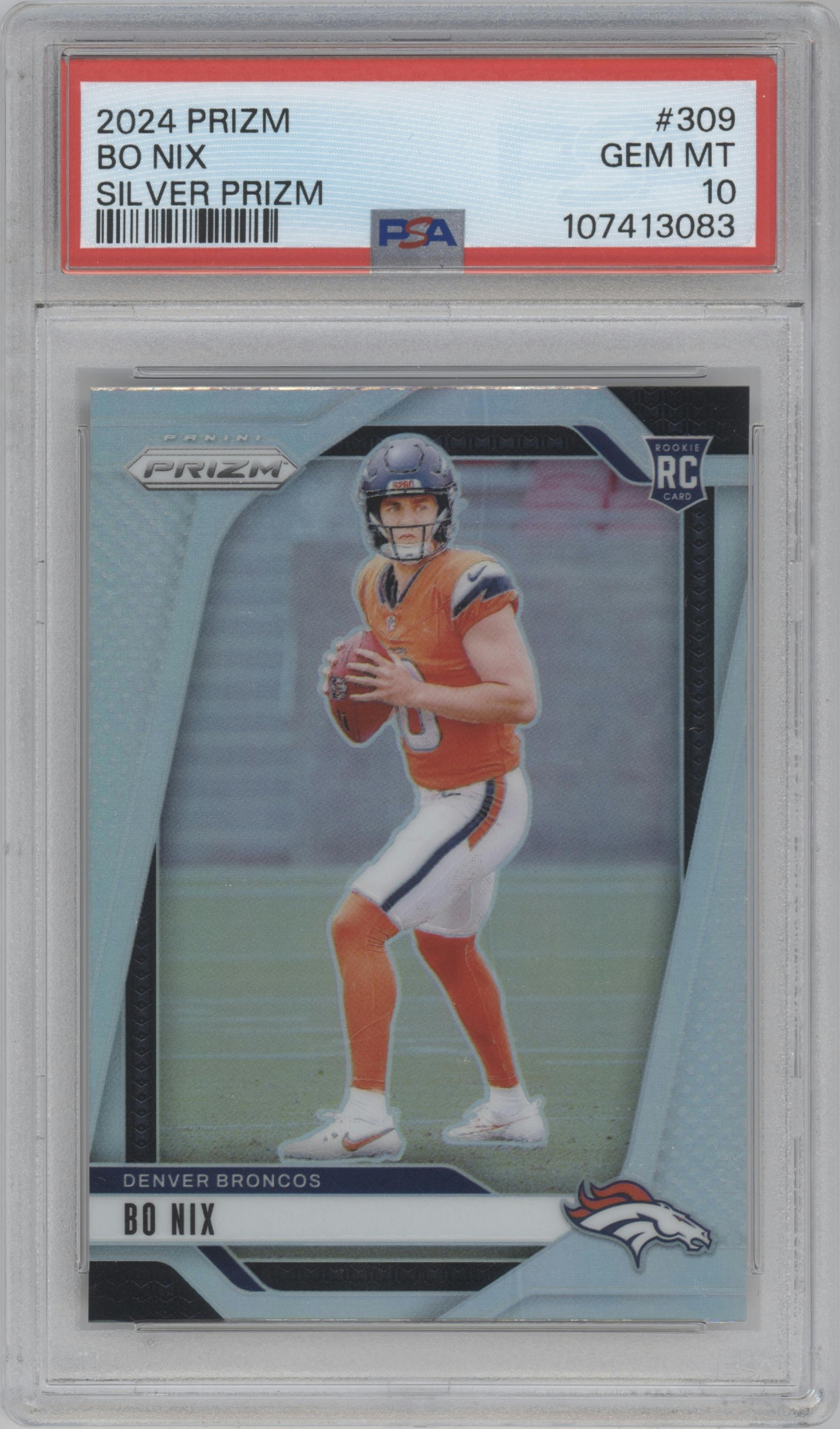 Bo Nix from the 2024 Panini Prizm set featuring a Silver Prizm parallel graded by PSA and given an overall grade of 10.