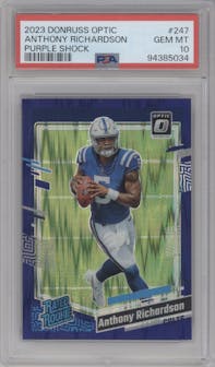 Anthony Richardson from the 2023 Donruss Optic set featuring a  Purple Shock parallel graded by PSA and given an overall grade of 10.