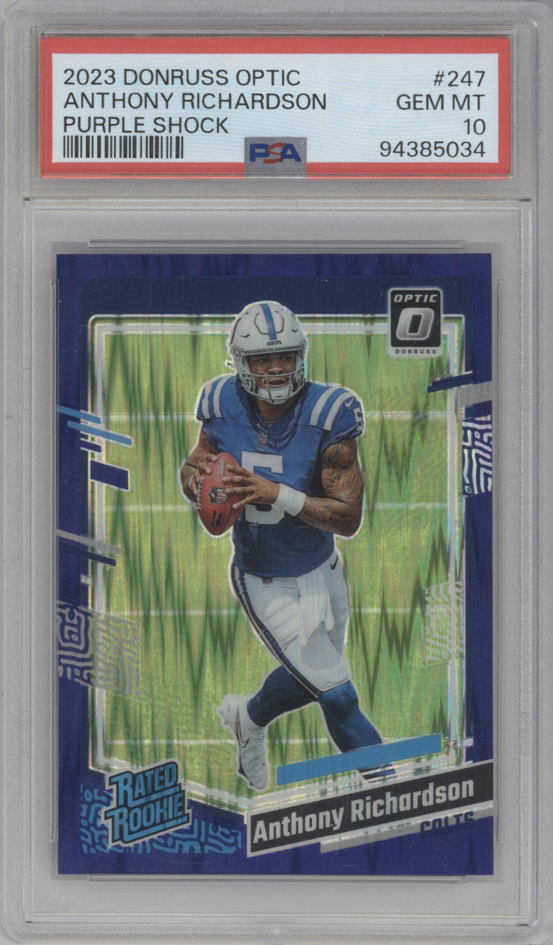 Anthony Richardson from the 2023 Donruss Optic set featuring a  Purple Shock parallel graded by PSA and given an overall grade of 10.