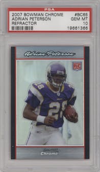 Adrian Peterson from the 2007 Bowman Chrome set featuring a Refractor parallel graded by PSA and given an overall grade of 10.