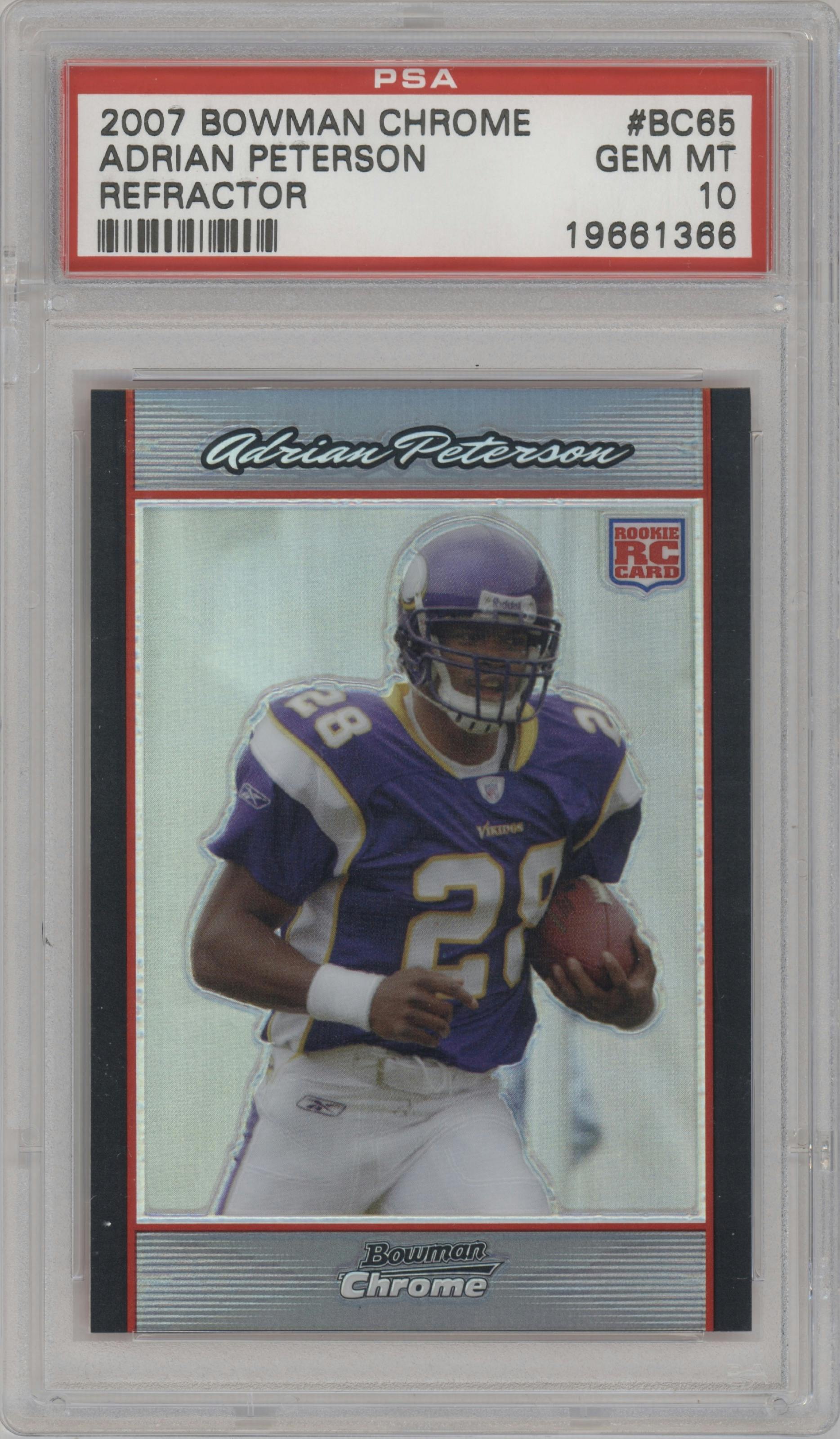 Adrian Peterson from the 2007 Bowman Chrome set featuring a Refractor parallel graded by PSA and given an overall grade of 10.