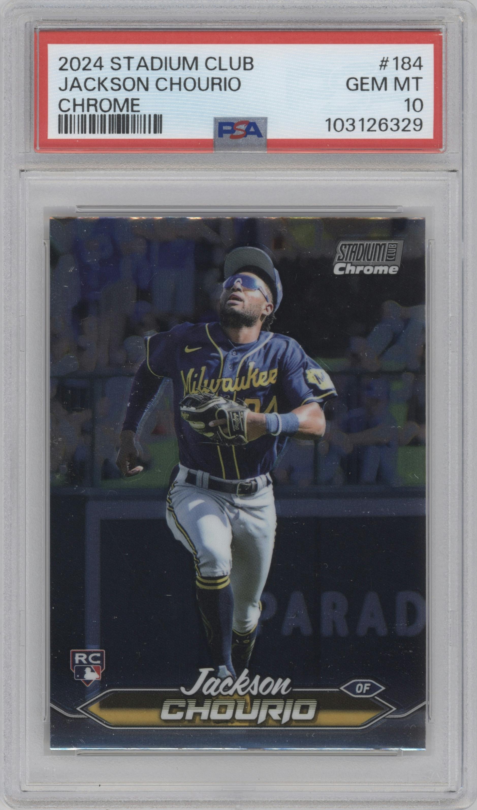 Jackson Chourio from the 2024 Topps Stadium Club set graded by PSA and given an overall grade of 10.