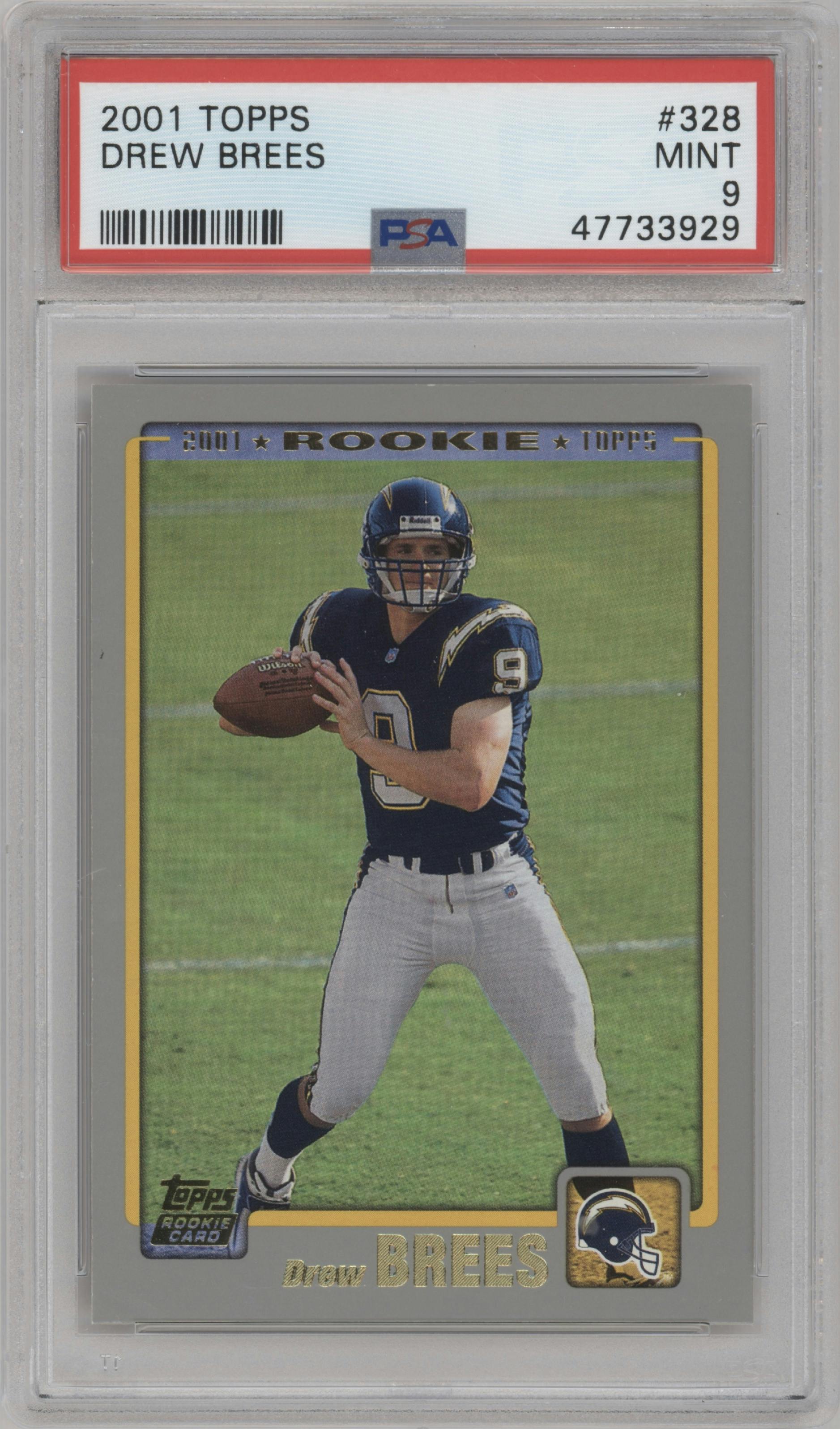 Drew Brees  from the 2001 Topps set graded by PSA and given an overall grade of 9.