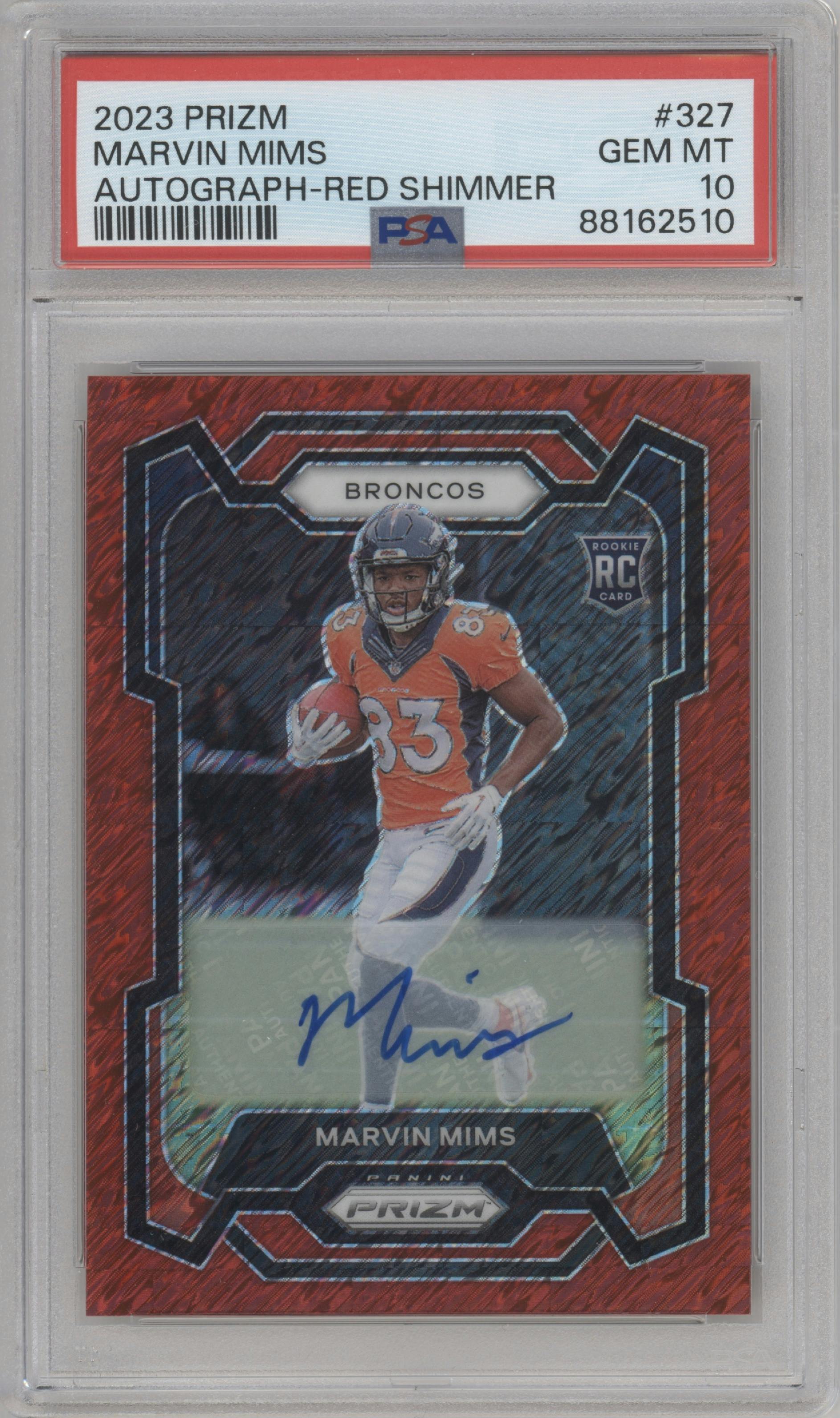 Marvin Mims from the 2023 Panini Prizm set featuring a Red Shimmer parallel graded by PSA and given an overall grade of 10.
