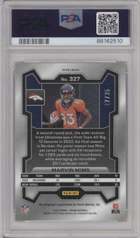 Marvin Mims from the 2023 Panini Prizm set featuring a Red Shimmer parallel graded by PSA and given an overall grade of 10.