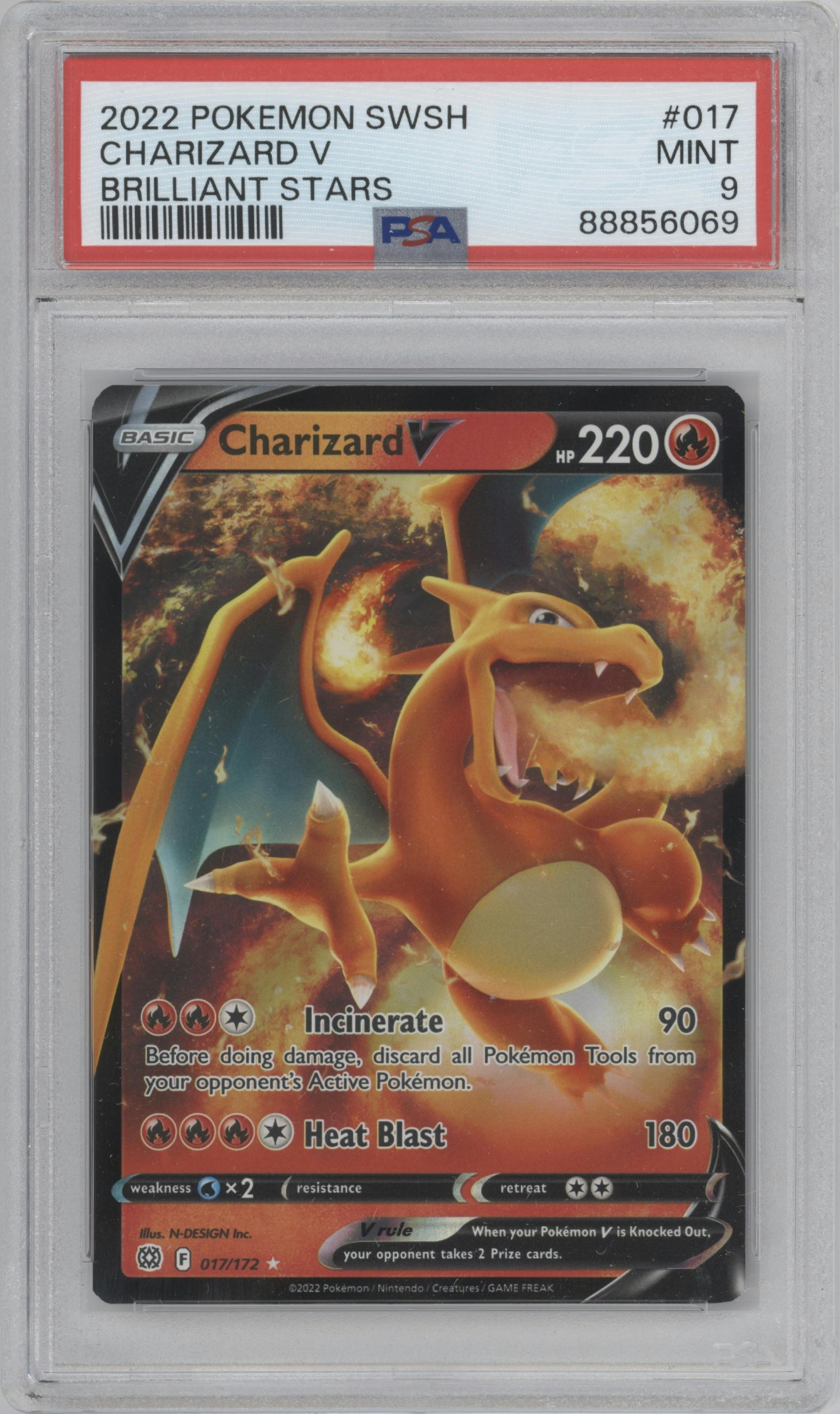 Charizard V  from the 2022 Pokemon SWSH set graded by PSA and given an overall grade of 9.